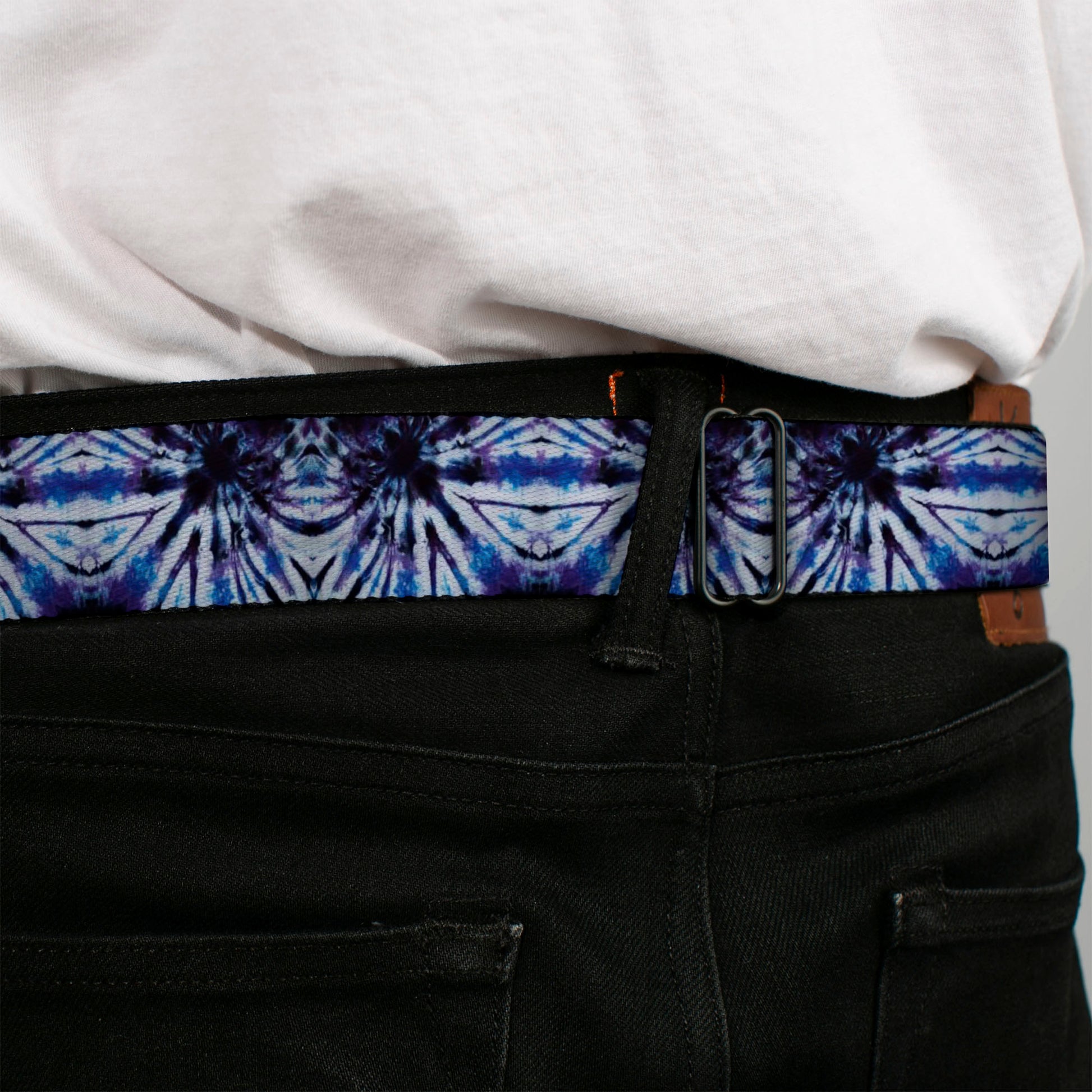 BD Wings Logo CLOSE-UP Full Color Black Silver Seatbelt Belt - Tie Dye Purple/Blue Webbing Seatbelt Belts Buckle-Down