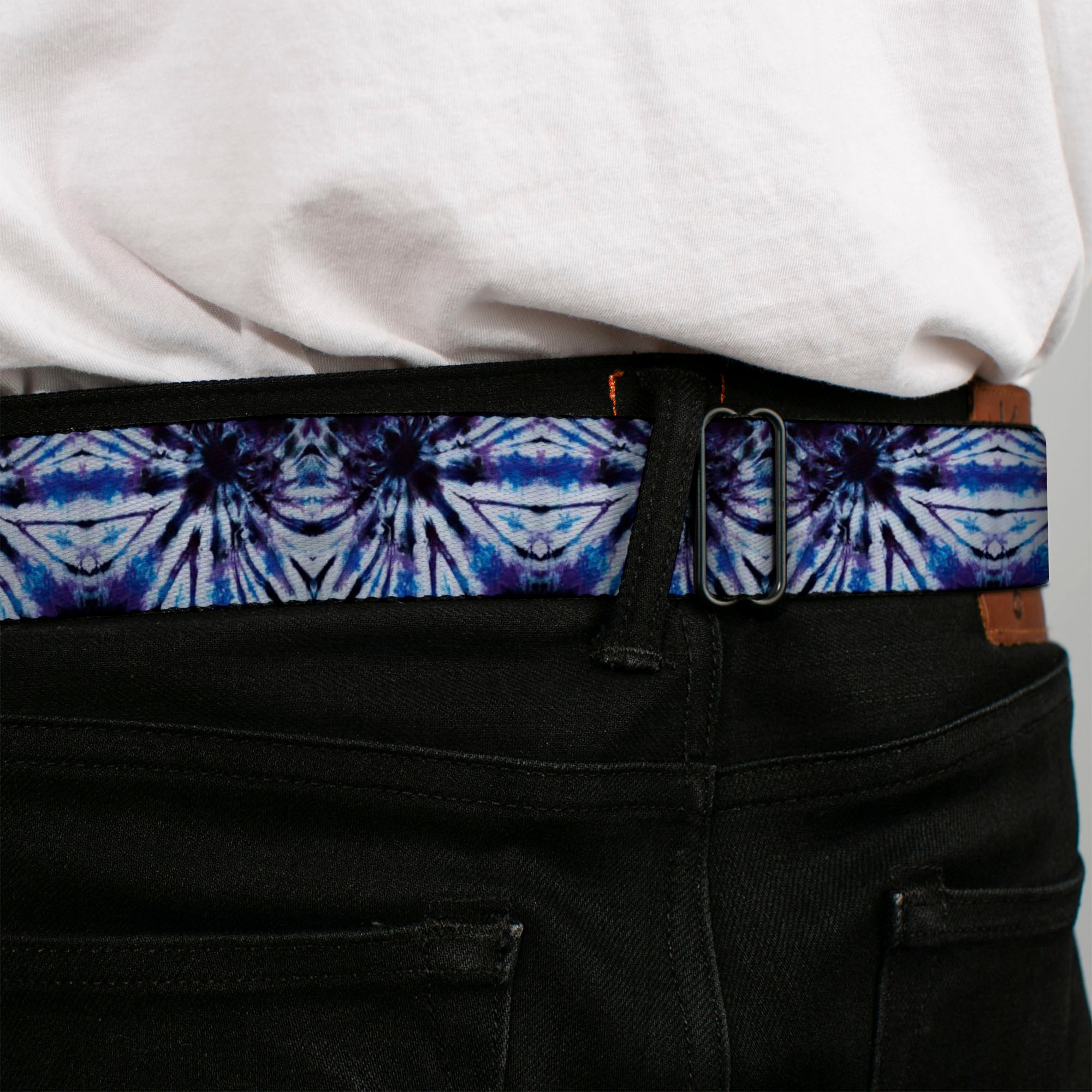 BD Wings Logo CLOSE-UP Full Color Black Silver Seatbelt Belt - Tie Dye Purple/Blue Webbing Seatbelt Belts Buckle-Down