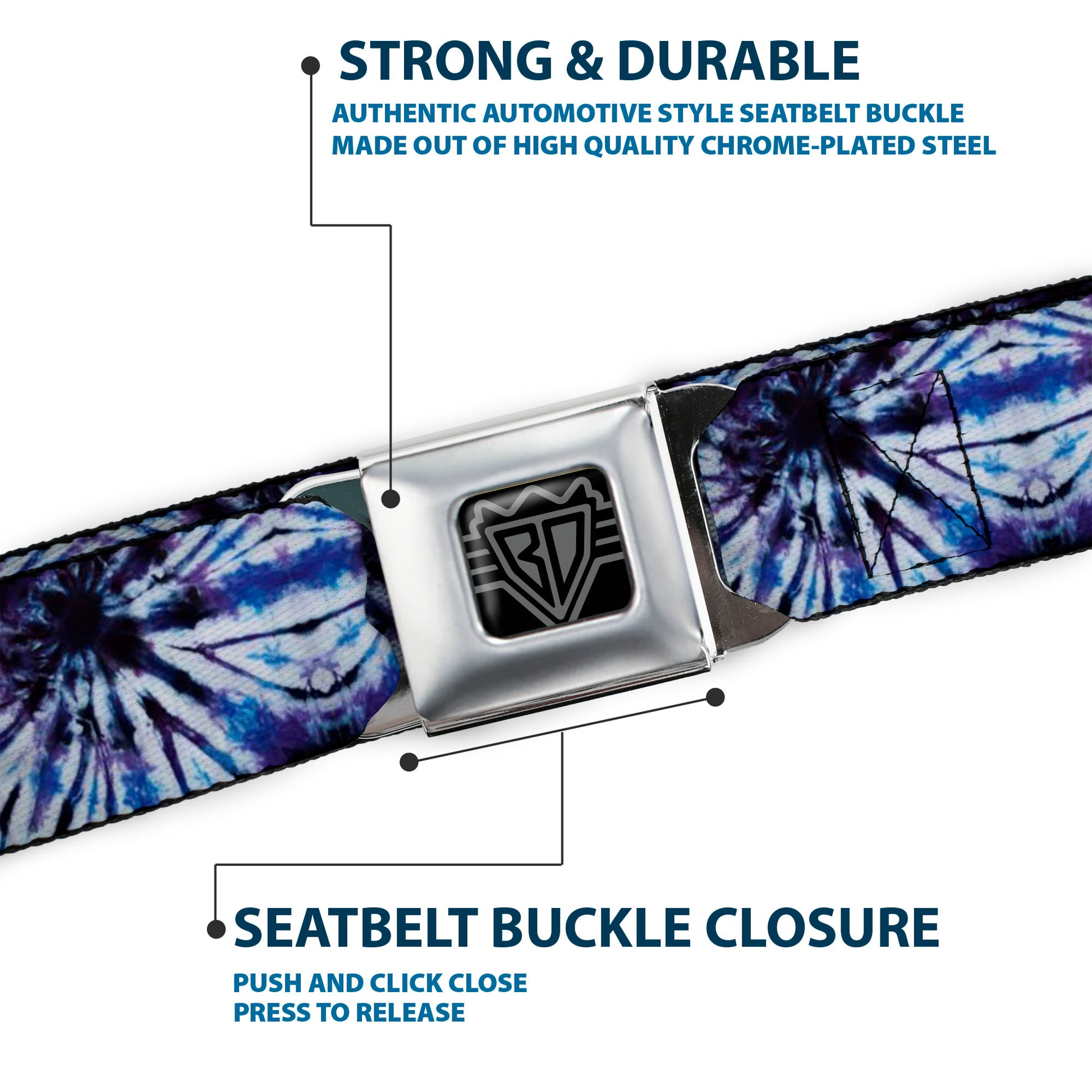 BD Wings Logo CLOSE-UP Full Color Black Silver Seatbelt Belt - Tie Dye Purple/Blue Webbing Seatbelt Belts Buckle-Down
