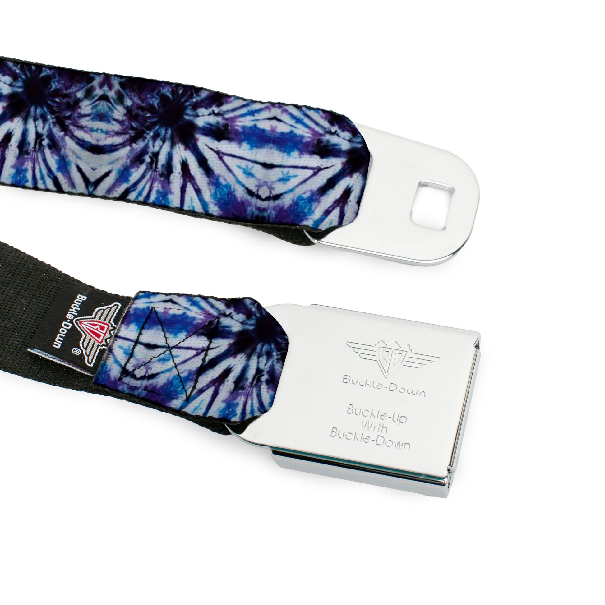 BD Wings Logo CLOSE-UP Full Color Black Silver Seatbelt Belt - Tie Dye Purple/Blue Webbing Seatbelt Belts Buckle-Down