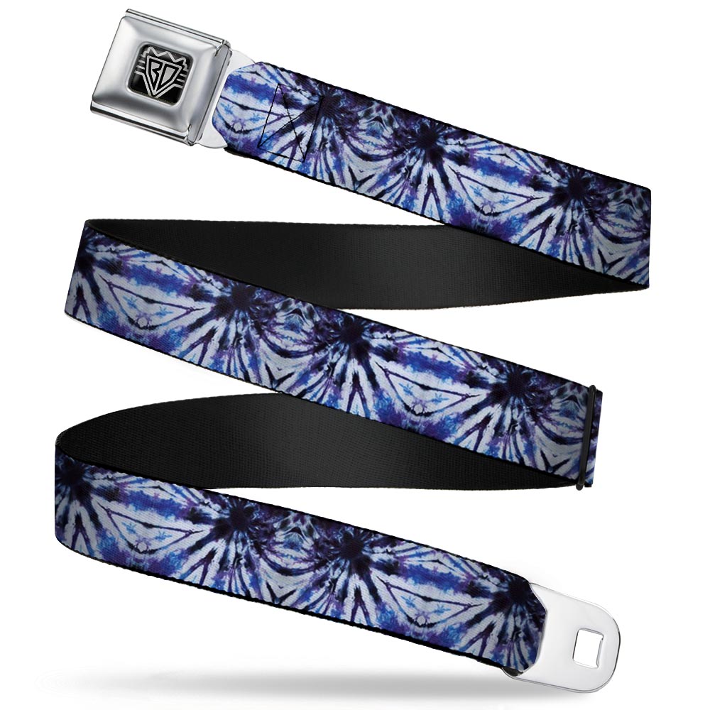 BD Wings Logo CLOSE-UP Full Color Black Silver Seatbelt Belt - Tie Dye Purple/Blue Webbing Seatbelt Belts Buckle-Down