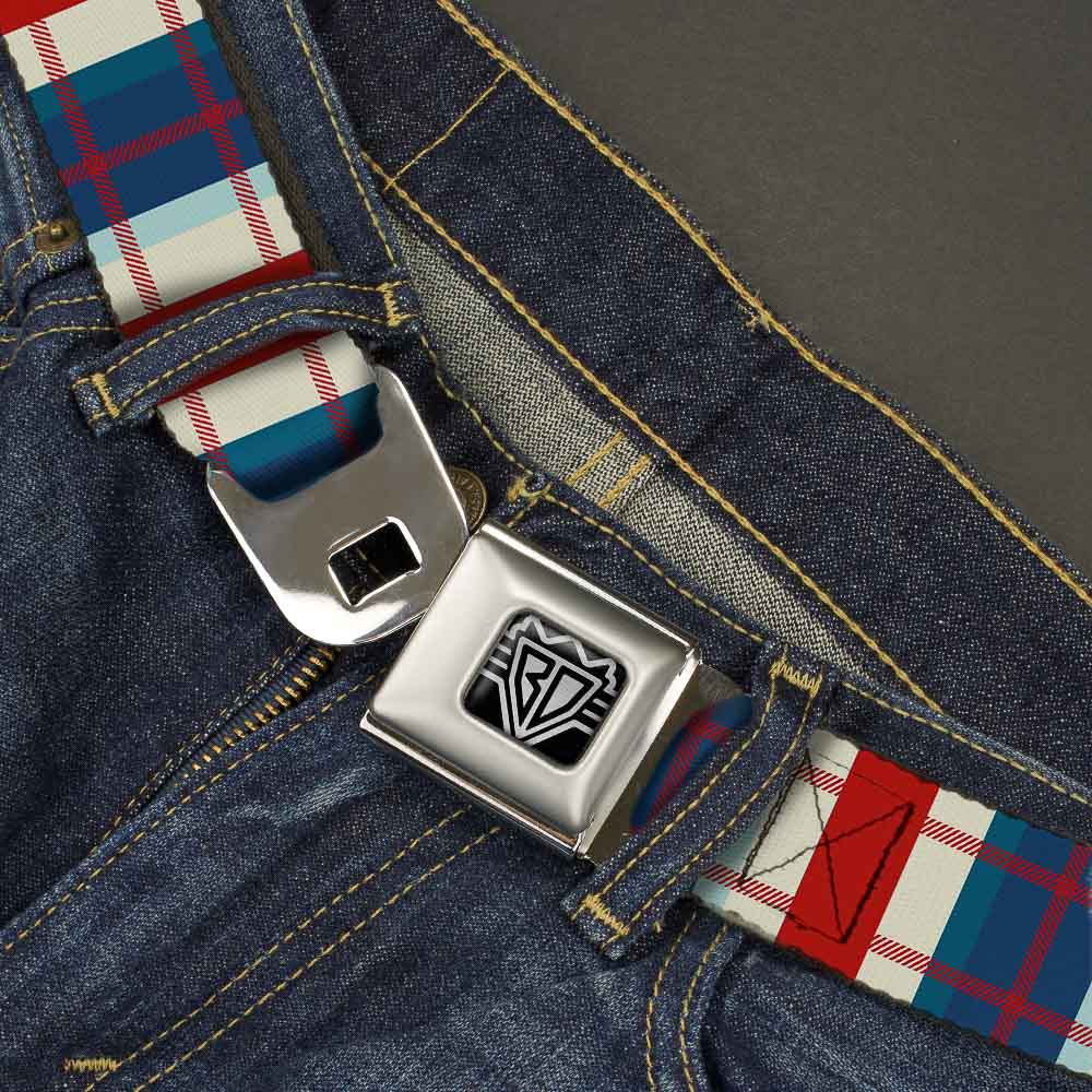 BD Wings Logo CLOSE-UP Full Color Black Silver Seatbelt Belt - Tartan Plaid Khaki/Blues/Red Webbing Seatbelt Belts Buckle-Down
