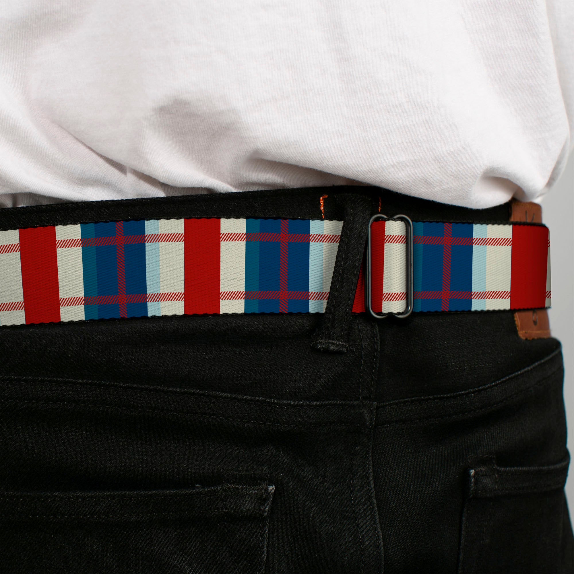 BD Wings Logo CLOSE-UP Full Color Black Silver Seatbelt Belt - Tartan Plaid Khaki/Blues/Red Webbing Seatbelt Belts Buckle-Down