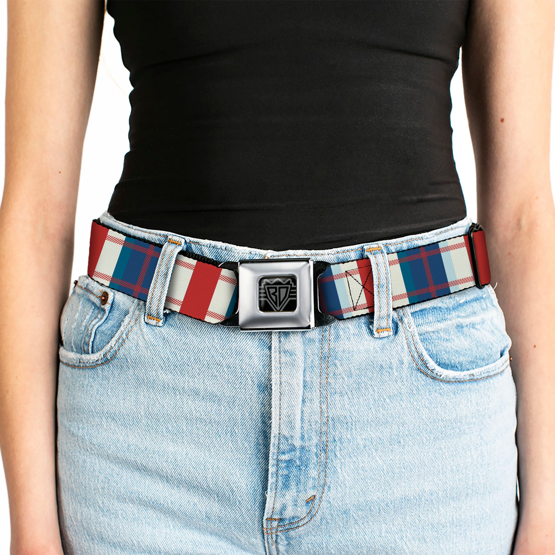 BD Wings Logo CLOSE-UP Full Color Black Silver Seatbelt Belt - Tartan Plaid Khaki/Blues/Red Webbing Seatbelt Belts Buckle-Down