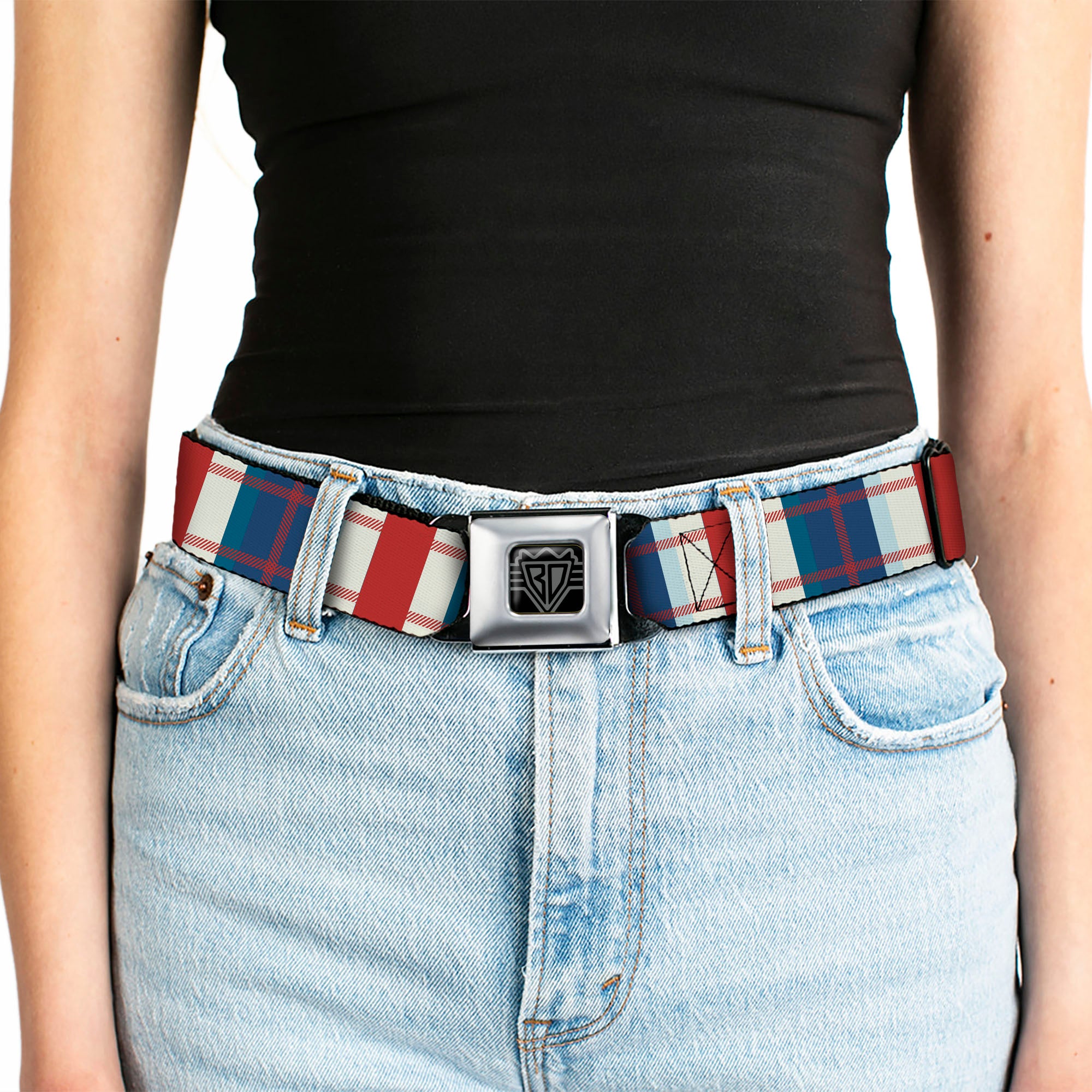 BD Wings Logo CLOSE-UP Full Color Black Silver Seatbelt Belt - Tartan Plaid Khaki/Blues/Red Webbing Seatbelt Belts Buckle-Down
