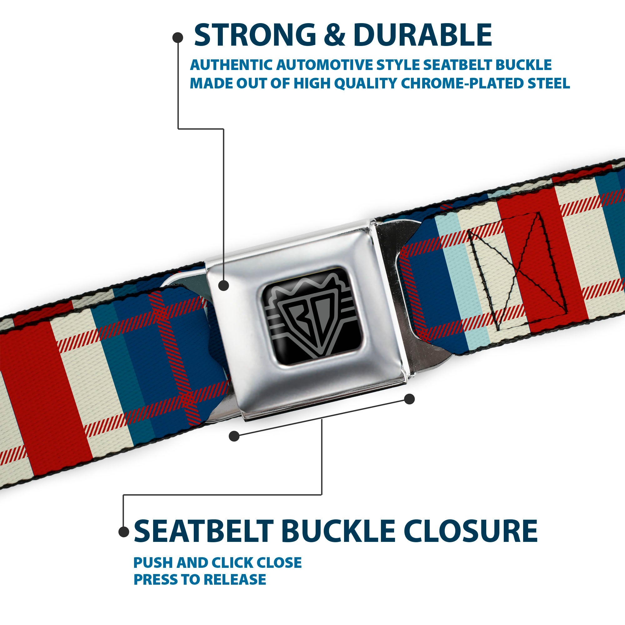 BD Wings Logo CLOSE-UP Full Color Black Silver Seatbelt Belt - Tartan Plaid Khaki/Blues/Red Webbing Seatbelt Belts Buckle-Down