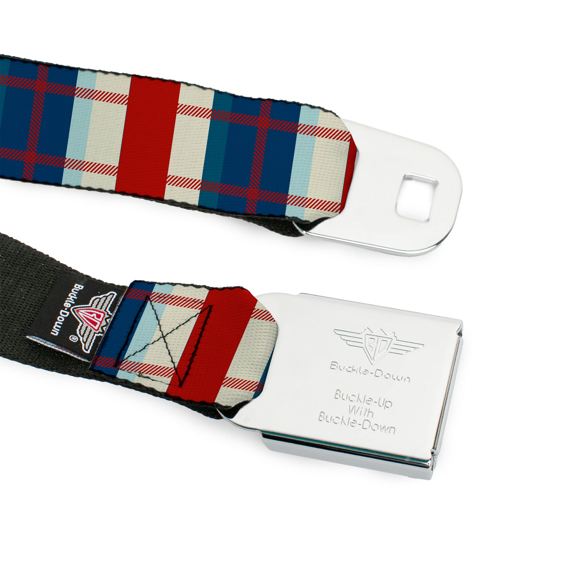 BD Wings Logo CLOSE-UP Full Color Black Silver Seatbelt Belt - Tartan Plaid Khaki/Blues/Red Webbing Seatbelt Belts Buckle-Down