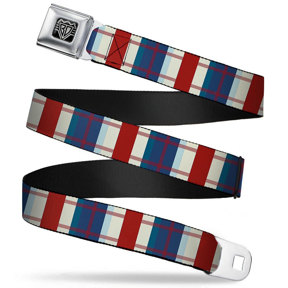 BD Wings Logo CLOSE-UP Full Color Black Silver Seatbelt Belt - Tartan Plaid Khaki/Blues/Red Webbing Seatbelt Belts Buckle-Down