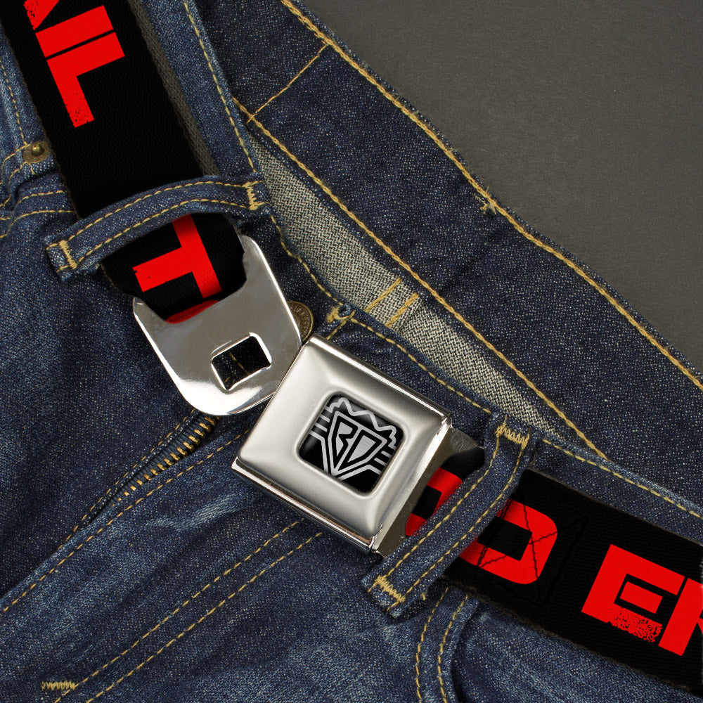 BD Wings Logo CLOSE-UP Full Color Black Silver Seatbelt Belt - TOO EPIC TO FAIL Weathered Black/Red Webbing Seatbelt Belts Buckle-Down