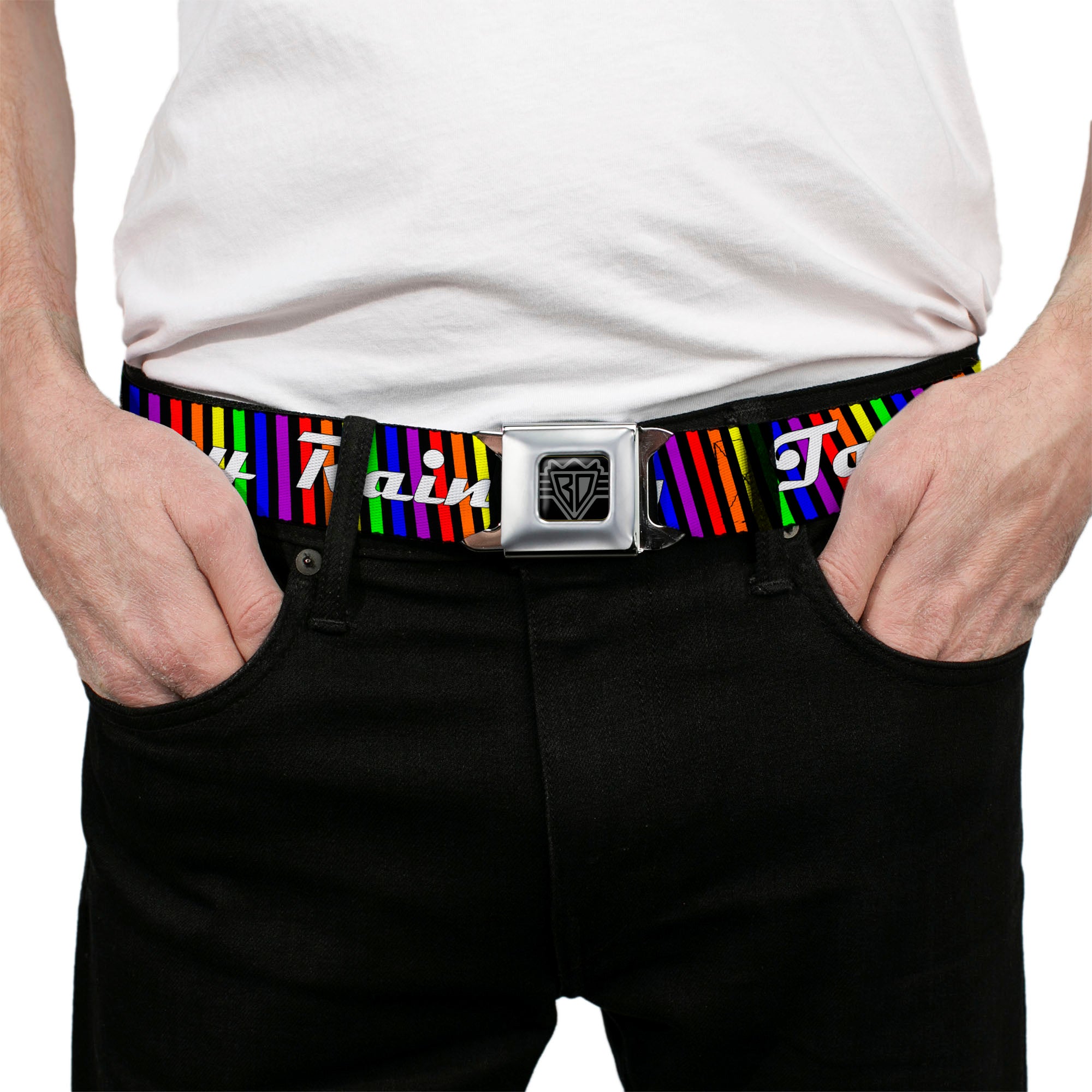 Seatbelt Belt - TASTE MY RAINBOW Black/Multi Color Seatbelt Belts Buckle-Down