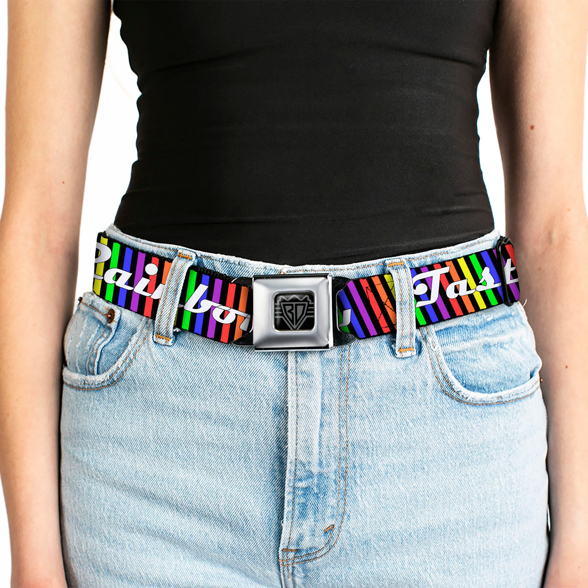 Seatbelt Belt - TASTE MY RAINBOW Black/Multi Color Seatbelt Belts Buckle-Down