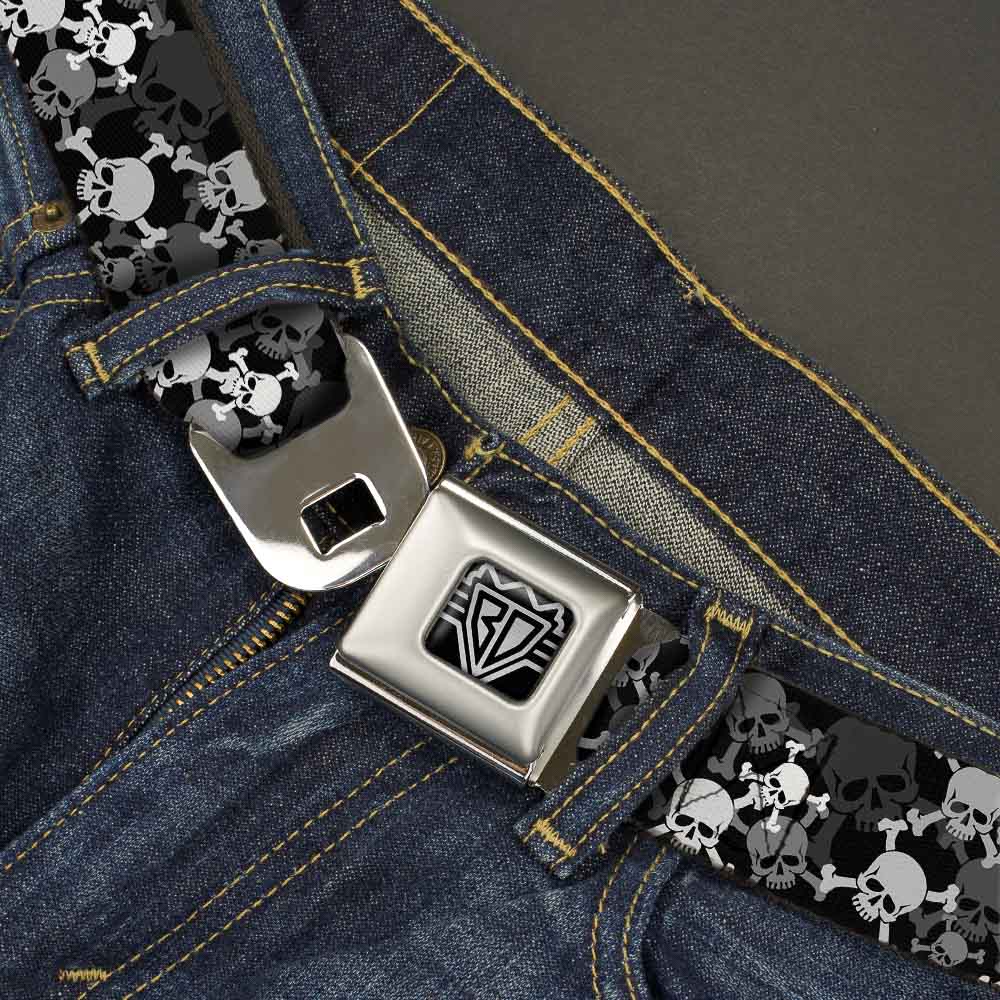 BD Wings Logo CLOSE-UP Full Color Black Silver Seatbelt Belt - Top Skulls Stacked Black/Gray/White Webbing Seatbelt Belts Buckle-Down