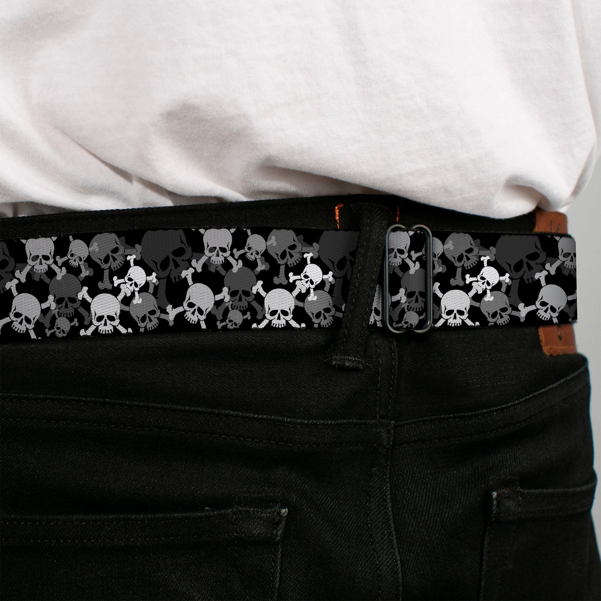 BD Wings Logo CLOSE-UP Full Color Black Silver Seatbelt Belt - Top Skulls Stacked Black/Gray/White Webbing Seatbelt Belts Buckle-Down