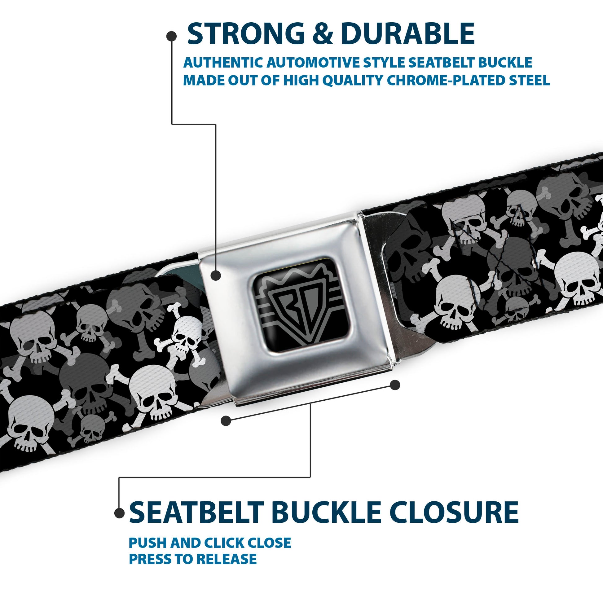 BD Wings Logo CLOSE-UP Full Color Black Silver Seatbelt Belt - Top Skulls Stacked Black/Gray/White Webbing Seatbelt Belts Buckle-Down