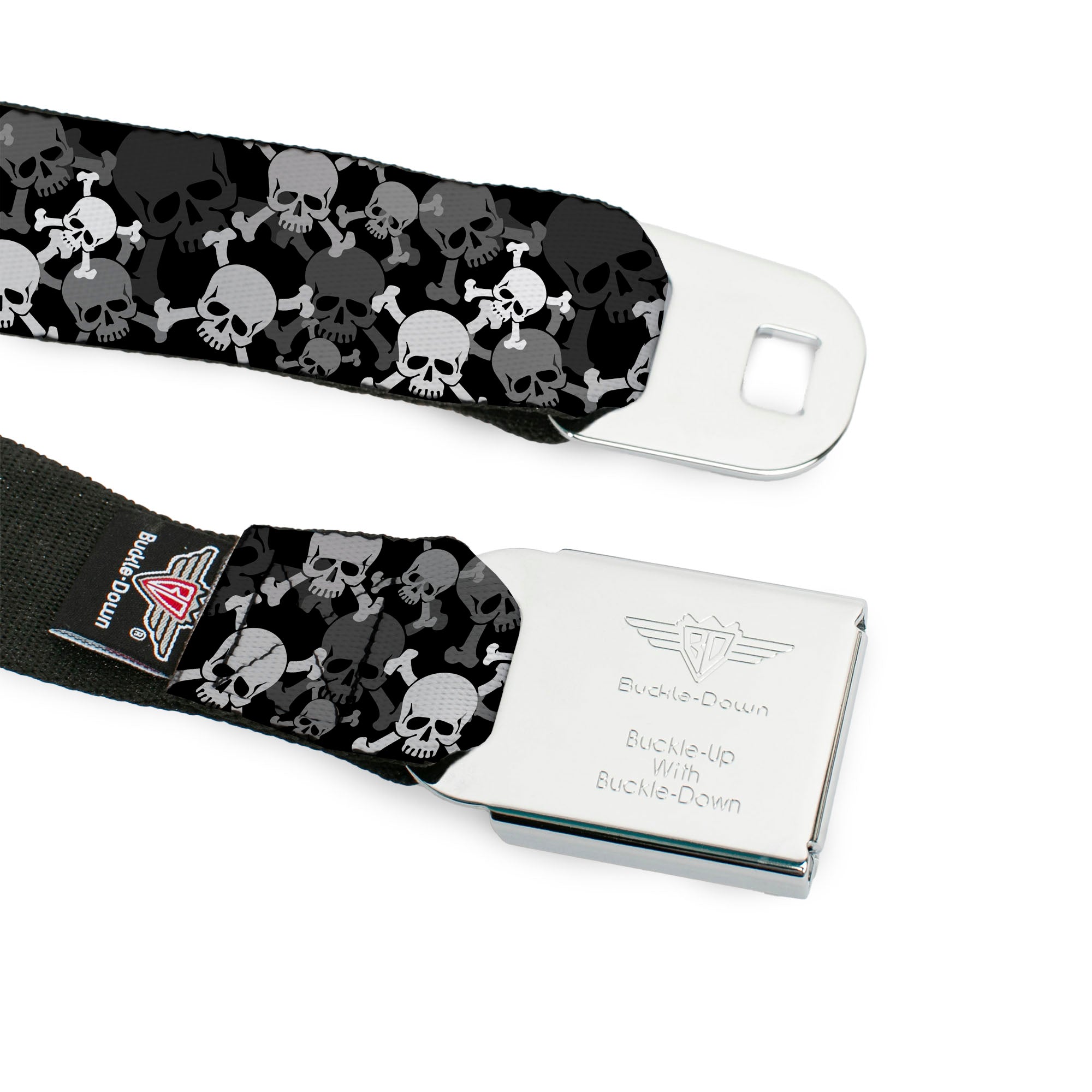 BD Wings Logo CLOSE-UP Full Color Black Silver Seatbelt Belt - Top Skulls Stacked Black/Gray/White Webbing Seatbelt Belts Buckle-Down