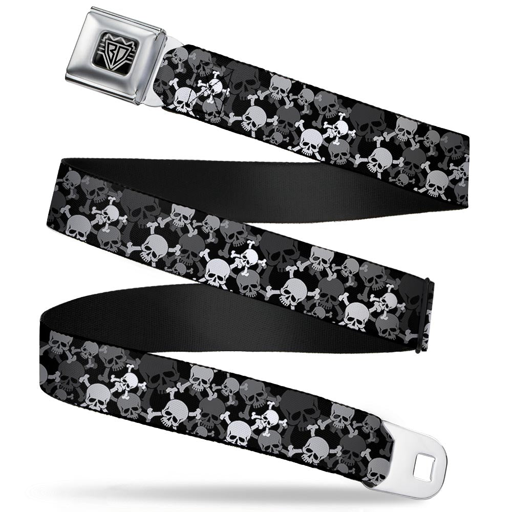 BD Wings Logo CLOSE-UP Full Color Black Silver Seatbelt Belt - Top Skulls Stacked Black/Gray/White Webbing Seatbelt Belts Buckle-Down