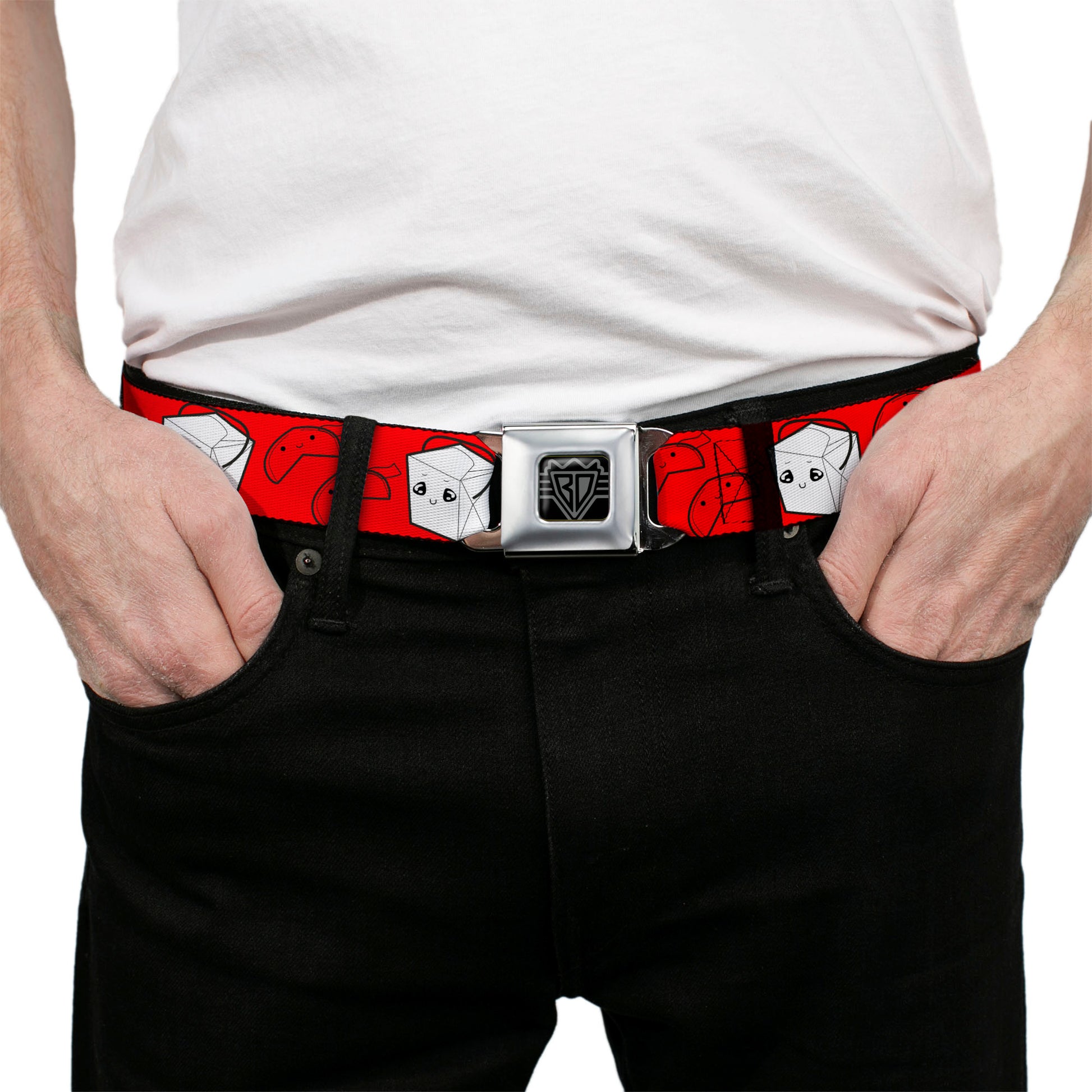 BD Wings Logo CLOSE-UP Full Color Black Silver Seatbelt Belt - Take Out/Fortune Cookies Red Webbing Seatbelt Belts Buckle-Down