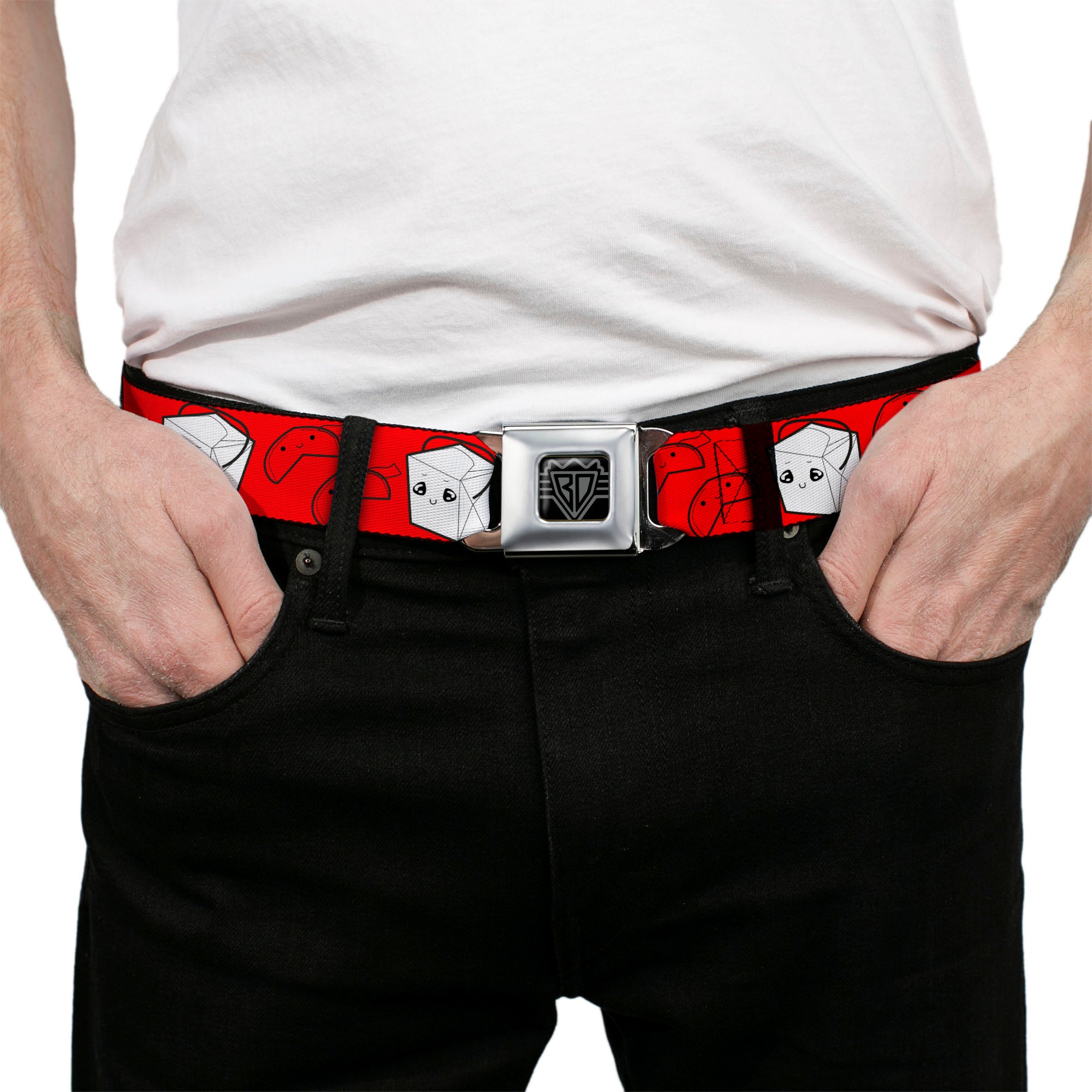 BD Wings Logo CLOSE-UP Full Color Black Silver Seatbelt Belt - Take Out/Fortune Cookies Red Webbing Seatbelt Belts Buckle-Down