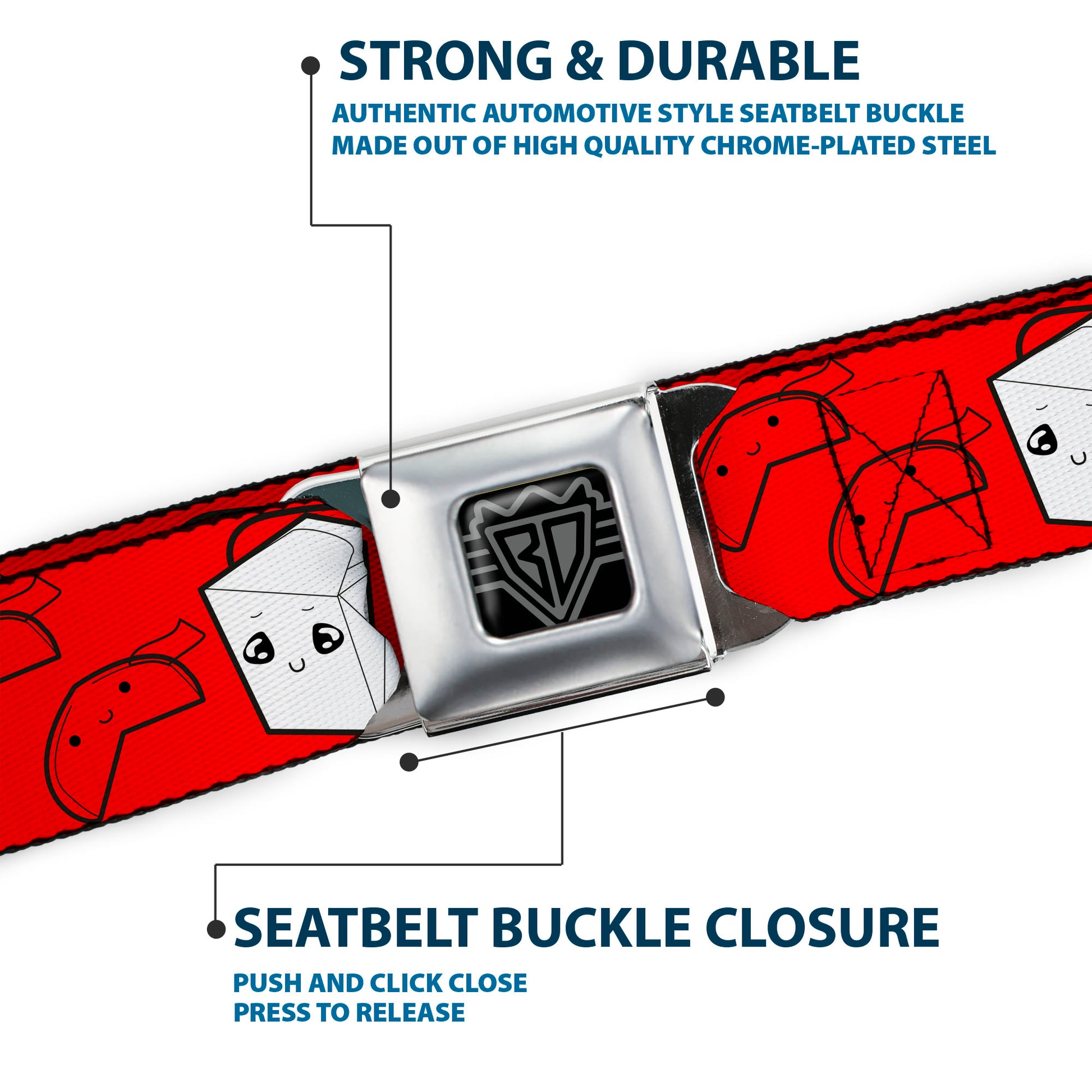BD Wings Logo CLOSE-UP Full Color Black Silver Seatbelt Belt - Take Out/Fortune Cookies Red Webbing Seatbelt Belts Buckle-Down