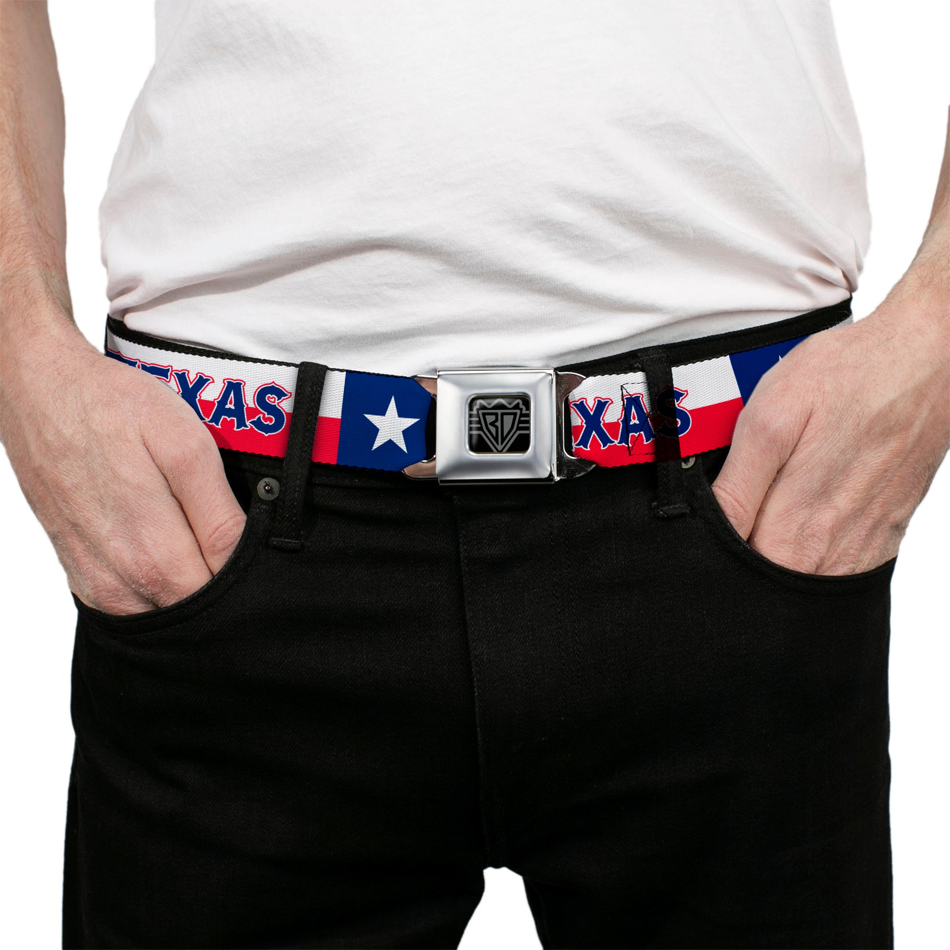 BD Wings Logo CLOSE-UP Full Color Black Silver Seatbelt Belt - Texas Flag/TEXAS Webbing Seatbelt Belts Buckle-Down