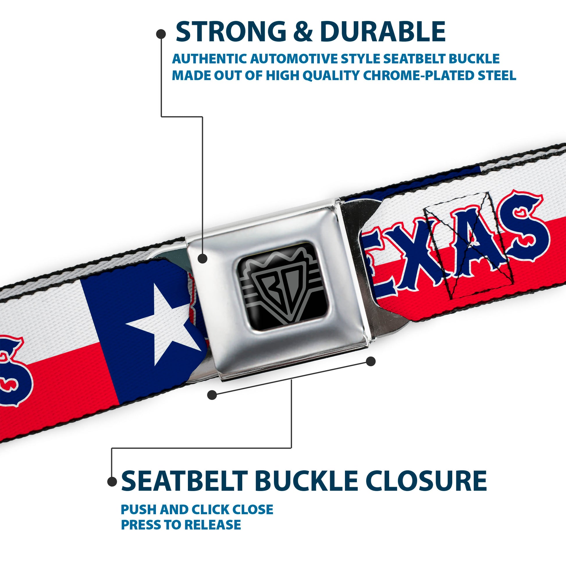 BD Wings Logo CLOSE-UP Full Color Black Silver Seatbelt Belt - Texas Flag/TEXAS Webbing Seatbelt Belts Buckle-Down