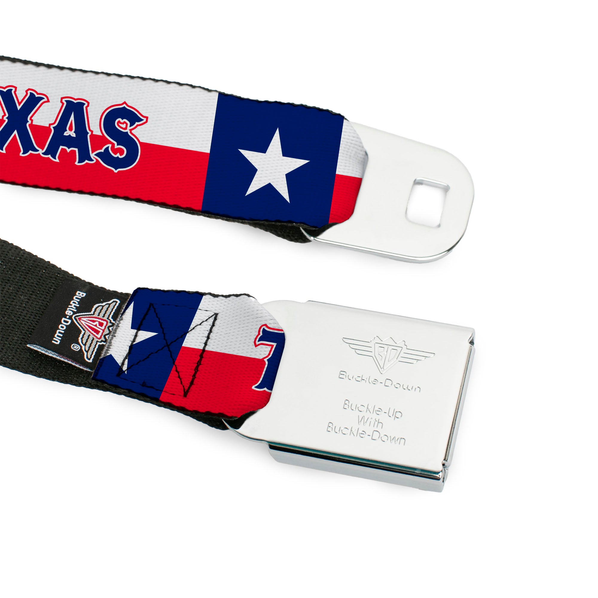 BD Wings Logo CLOSE-UP Full Color Black Silver Seatbelt Belt - Texas Flag/TEXAS Webbing Seatbelt Belts Buckle-Down