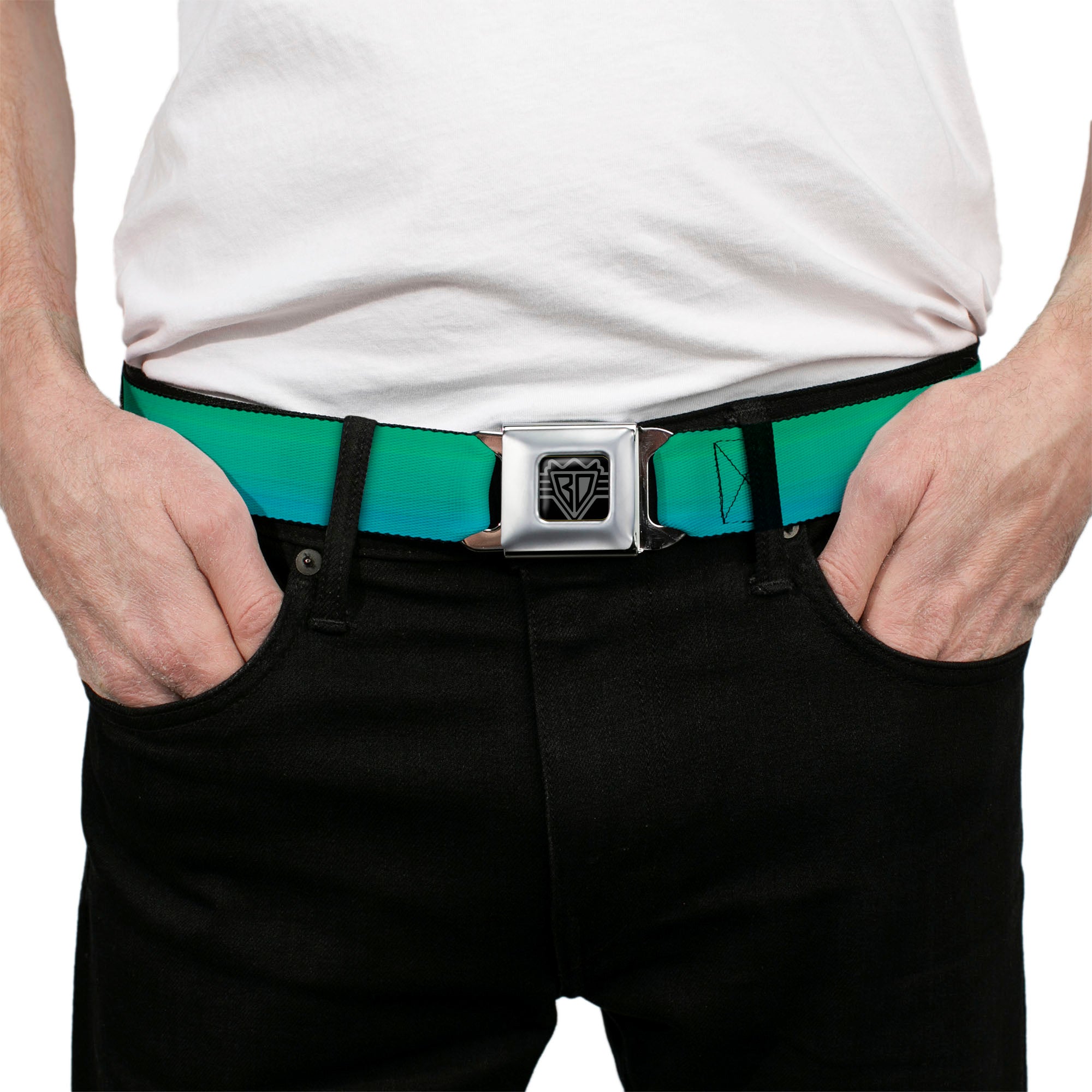 BD Wings Logo CLOSE-UP Full Color Black Silver Seatbelt Belt - Teal Ombre Webbing Seatbelt Belts Buckle-Down