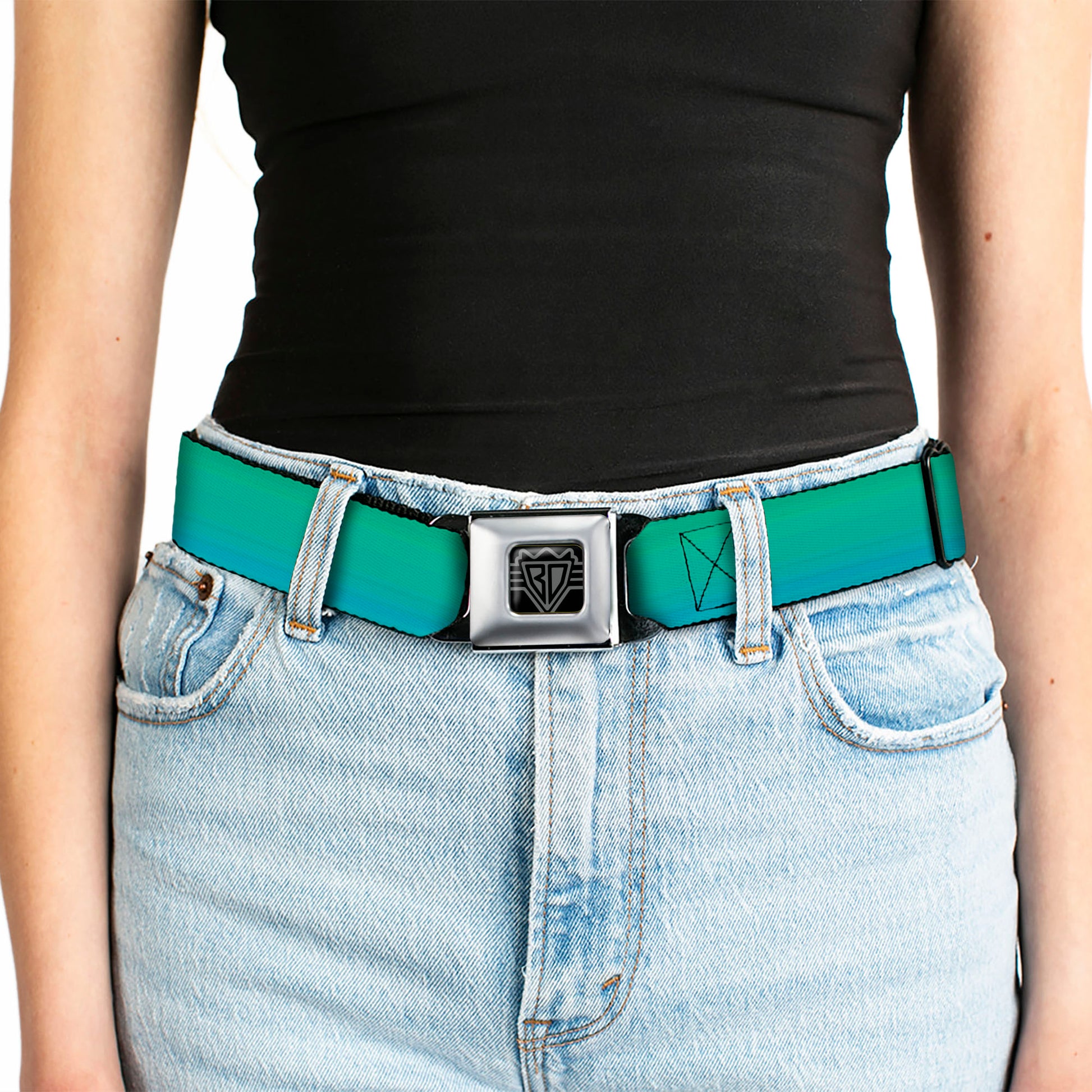 BD Wings Logo CLOSE-UP Full Color Black Silver Seatbelt Belt - Teal Ombre Webbing Seatbelt Belts Buckle-Down