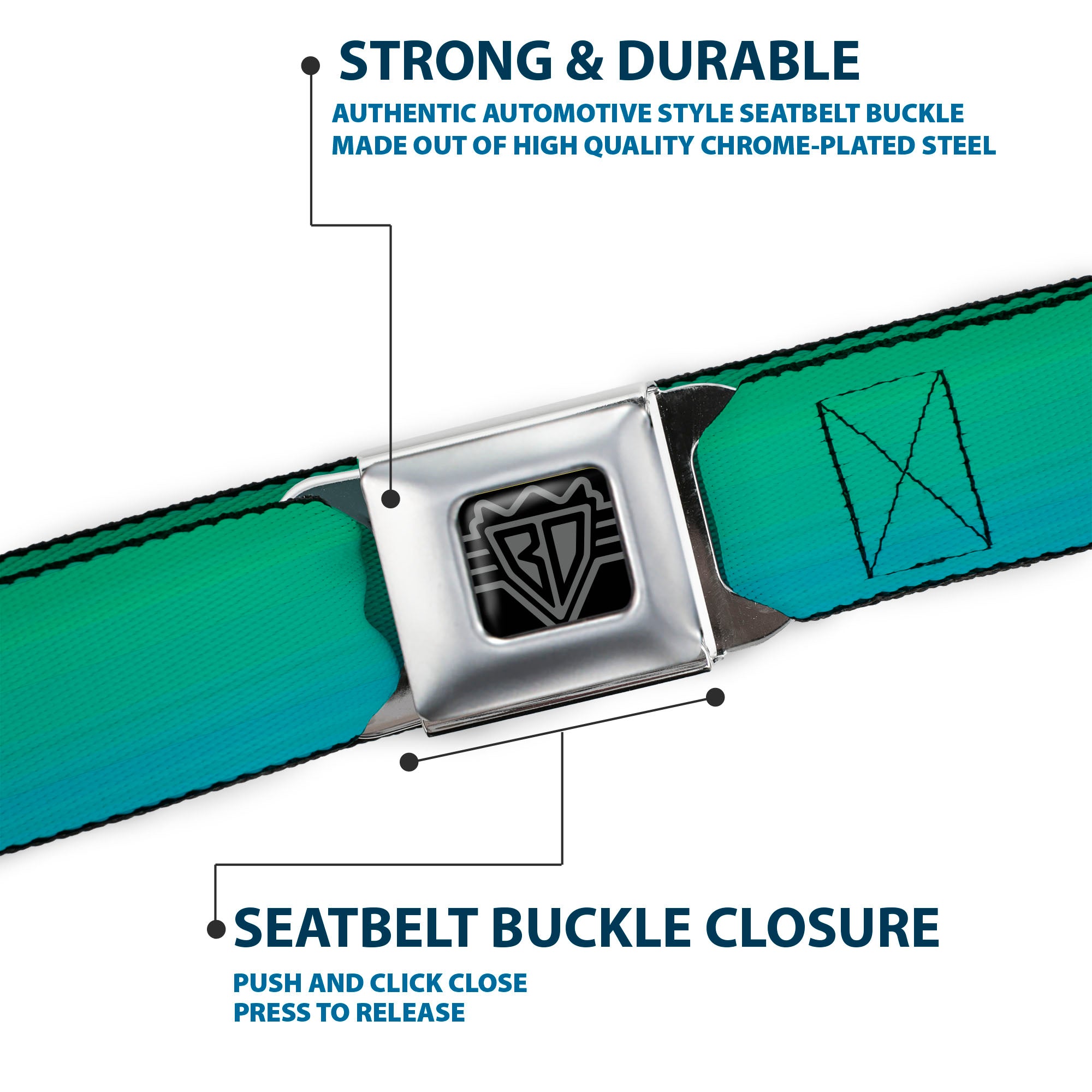 BD Wings Logo CLOSE-UP Full Color Black Silver Seatbelt Belt - Teal Ombre Webbing Seatbelt Belts Buckle-Down