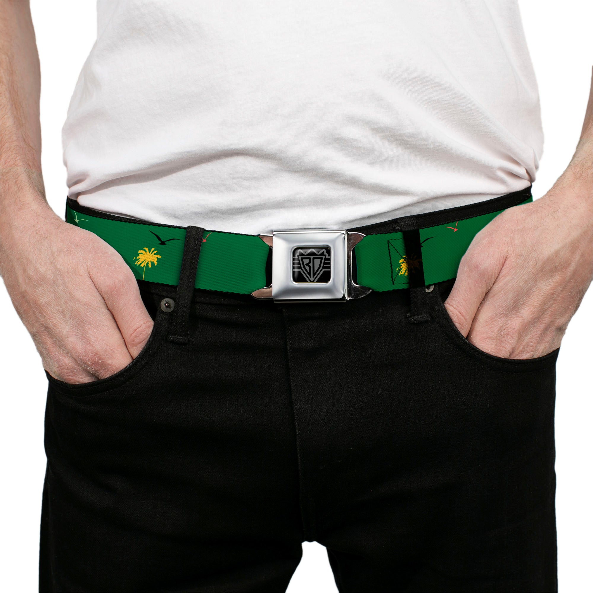 BD Wings Logo CLOSE-UP Full Color Black Silver Seatbelt Belt - Tropical Flora Greens/Reds/Gold Webbing Seatbelt Belts Buckle-Down