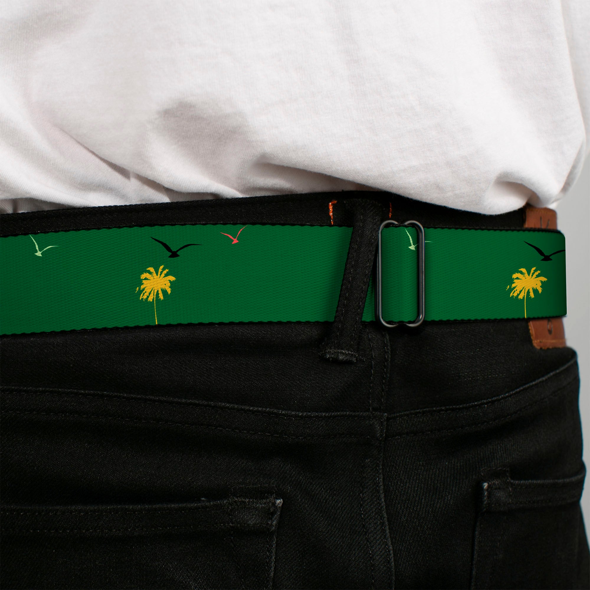 BD Wings Logo CLOSE-UP Full Color Black Silver Seatbelt Belt - Tropical Flora Greens/Reds/Gold Webbing Seatbelt Belts Buckle-Down