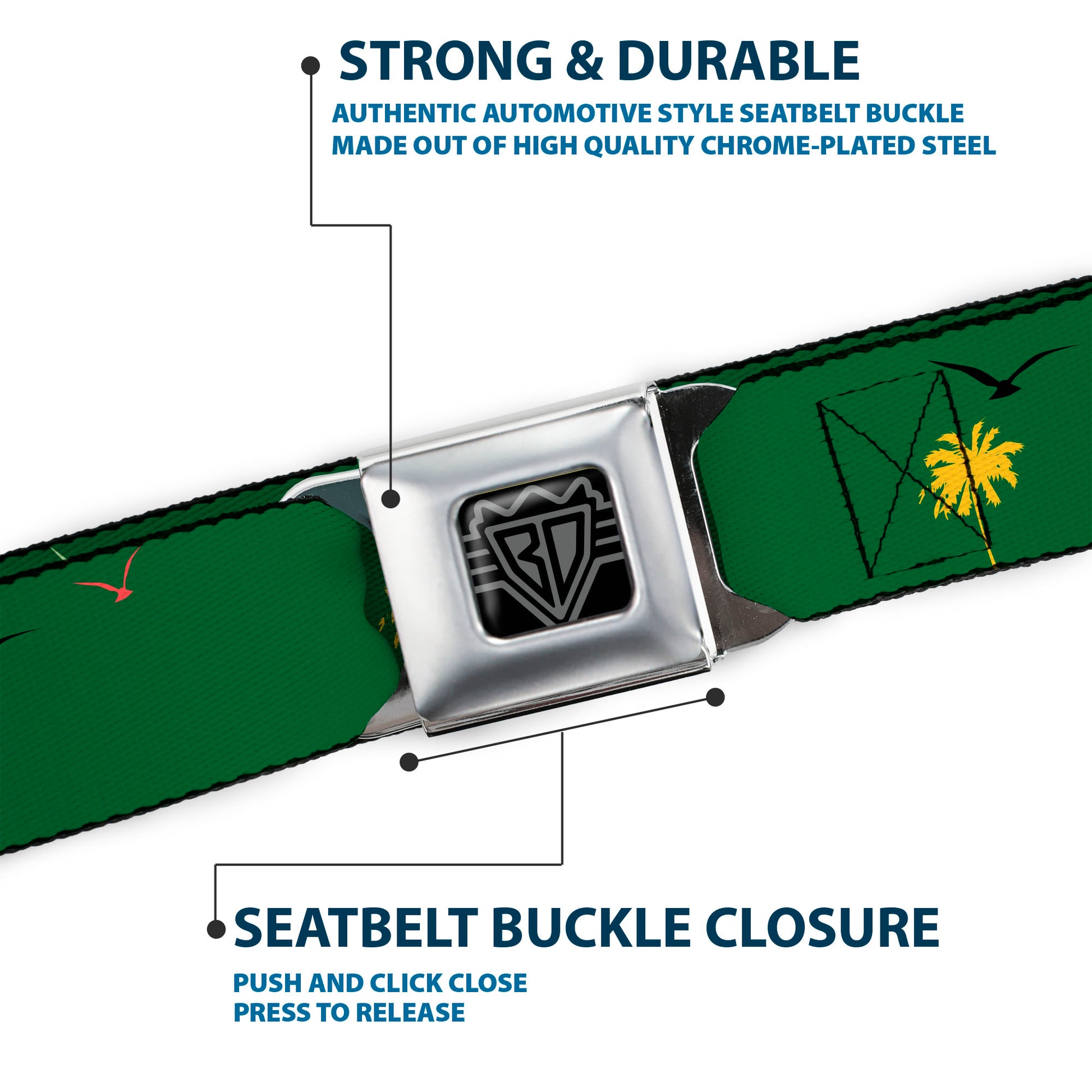 BD Wings Logo CLOSE-UP Full Color Black Silver Seatbelt Belt - Tropical Flora Greens/Reds/Gold Webbing Seatbelt Belts Buckle-Down