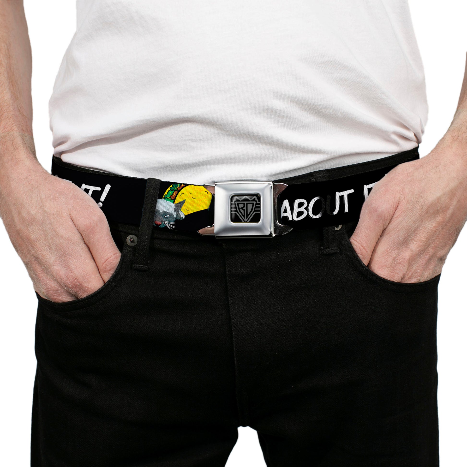 BD Wings Logo CLOSE-UP Full Color Black Silver Seatbelt Belt - Taco Cat I DON'T WANT TO TACO 'BOUT IT Webbing Seatbelt Belts Buckle-Down