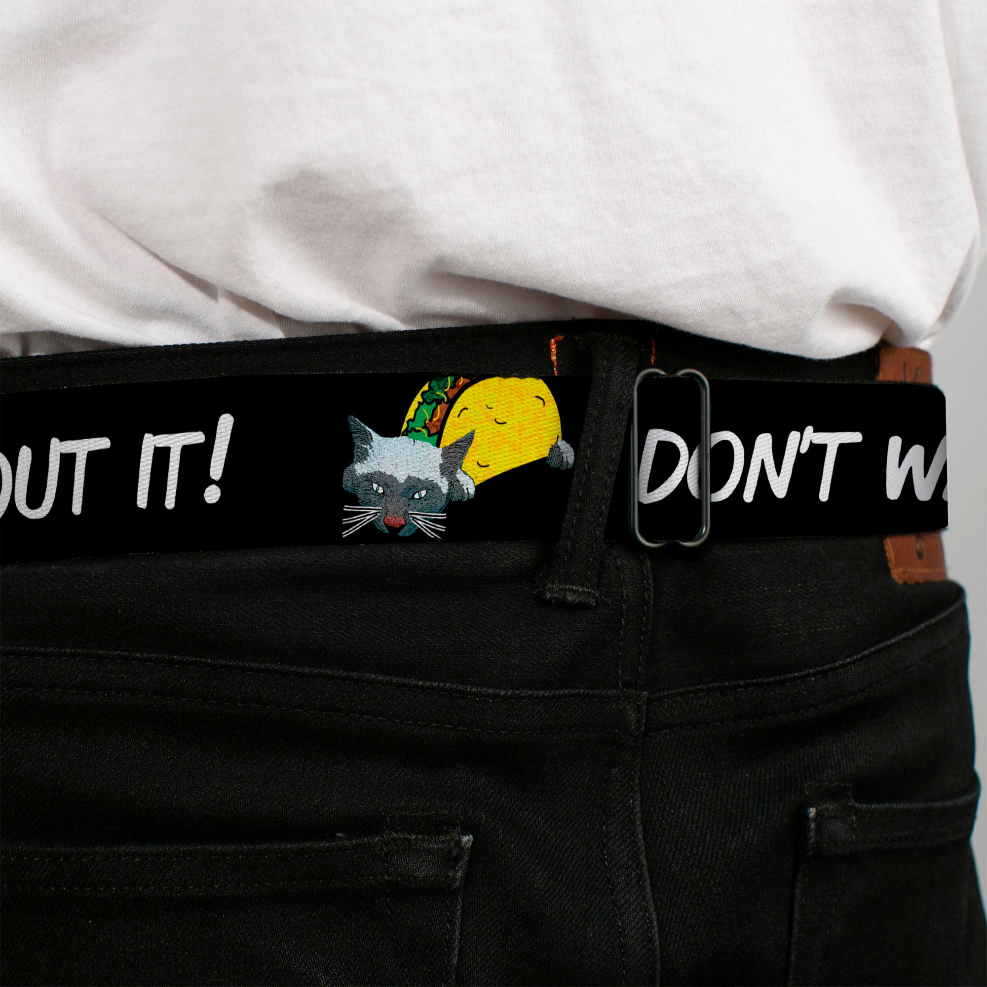 BD Wings Logo CLOSE-UP Full Color Black Silver Seatbelt Belt - Taco Cat I DON'T WANT TO TACO 'BOUT IT Webbing Seatbelt Belts Buckle-Down