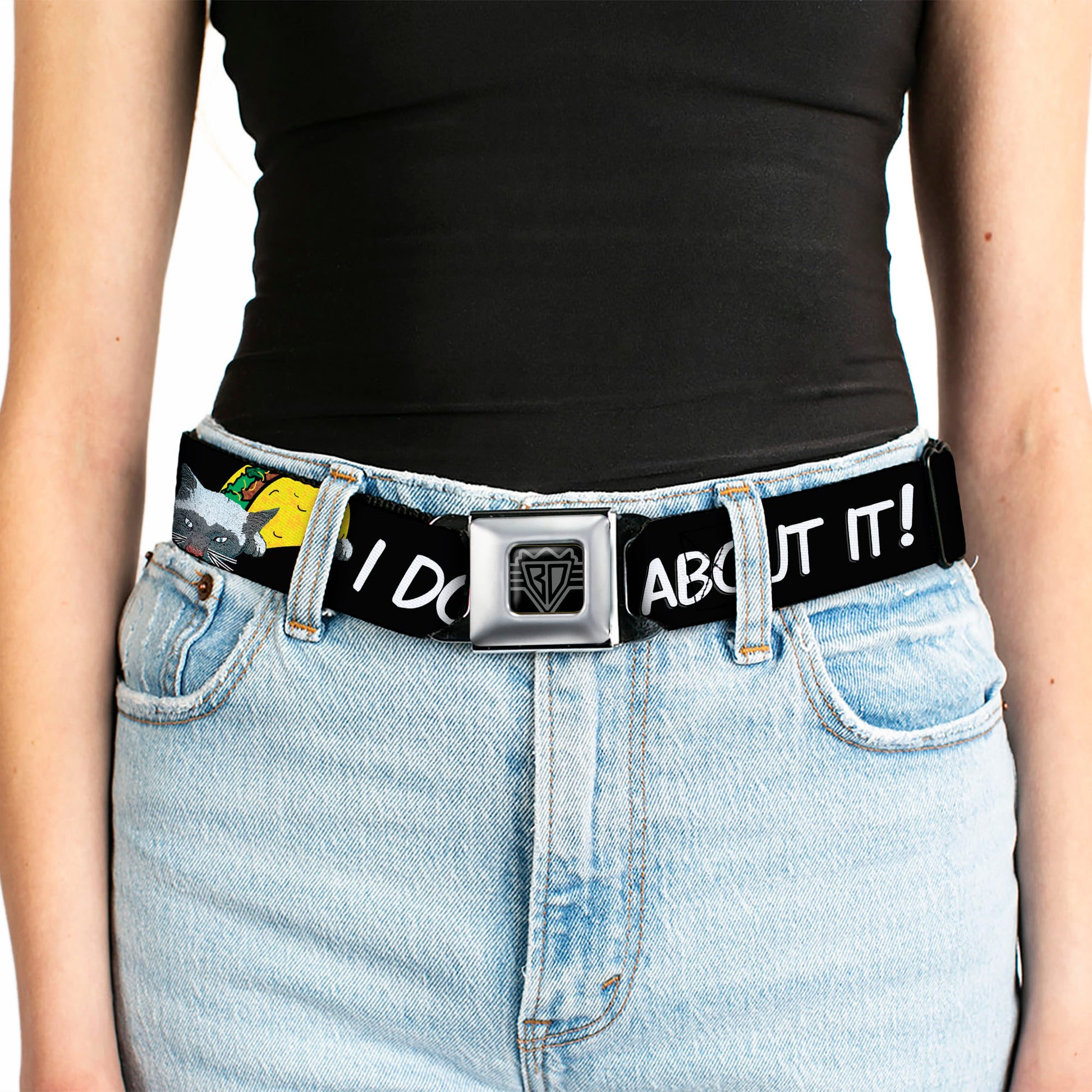 BD Wings Logo CLOSE-UP Full Color Black Silver Seatbelt Belt - Taco Cat I DON'T WANT TO TACO 'BOUT IT Webbing Seatbelt Belts Buckle-Down