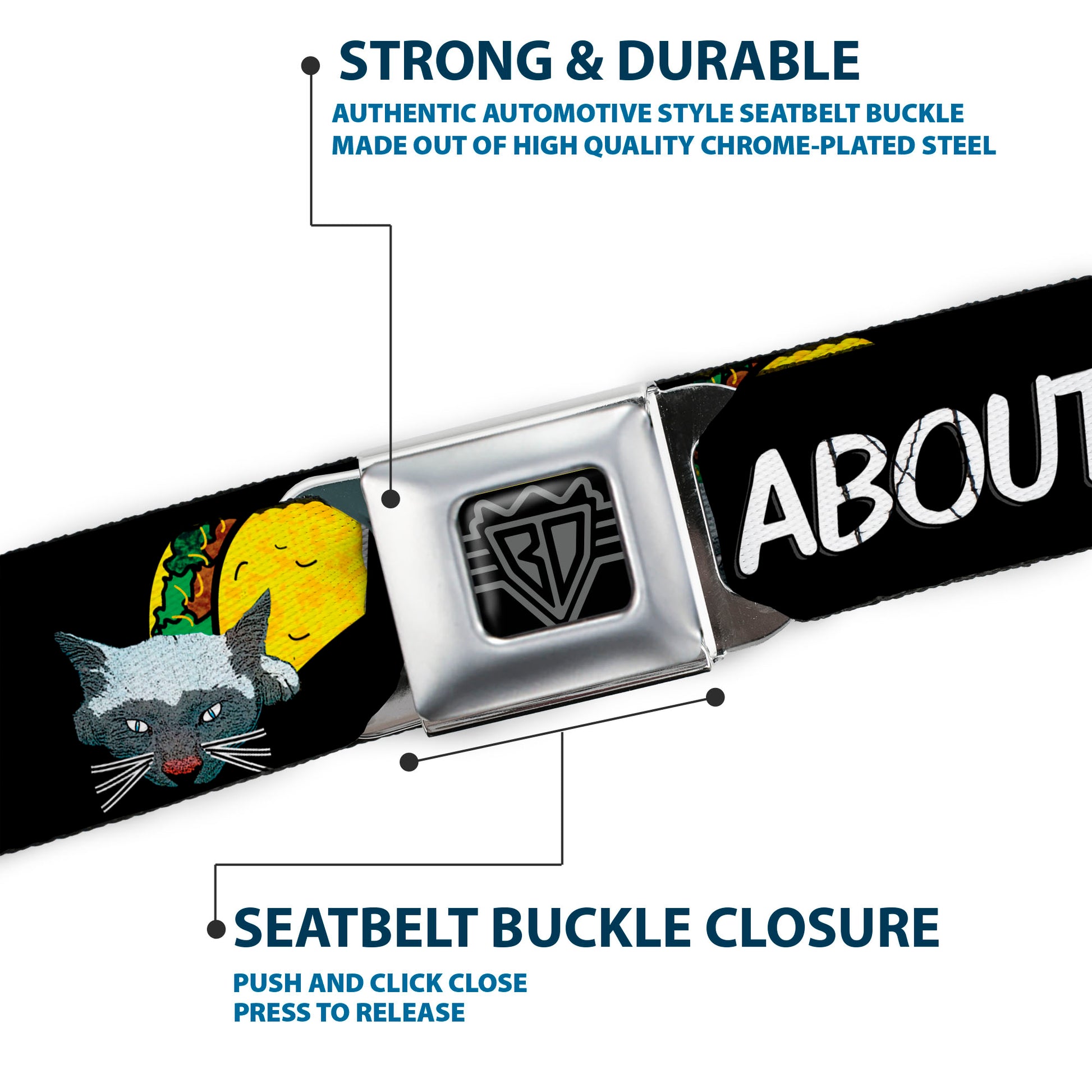 BD Wings Logo CLOSE-UP Full Color Black Silver Seatbelt Belt - Taco Cat I DON'T WANT TO TACO 'BOUT IT Webbing Seatbelt Belts Buckle-Down