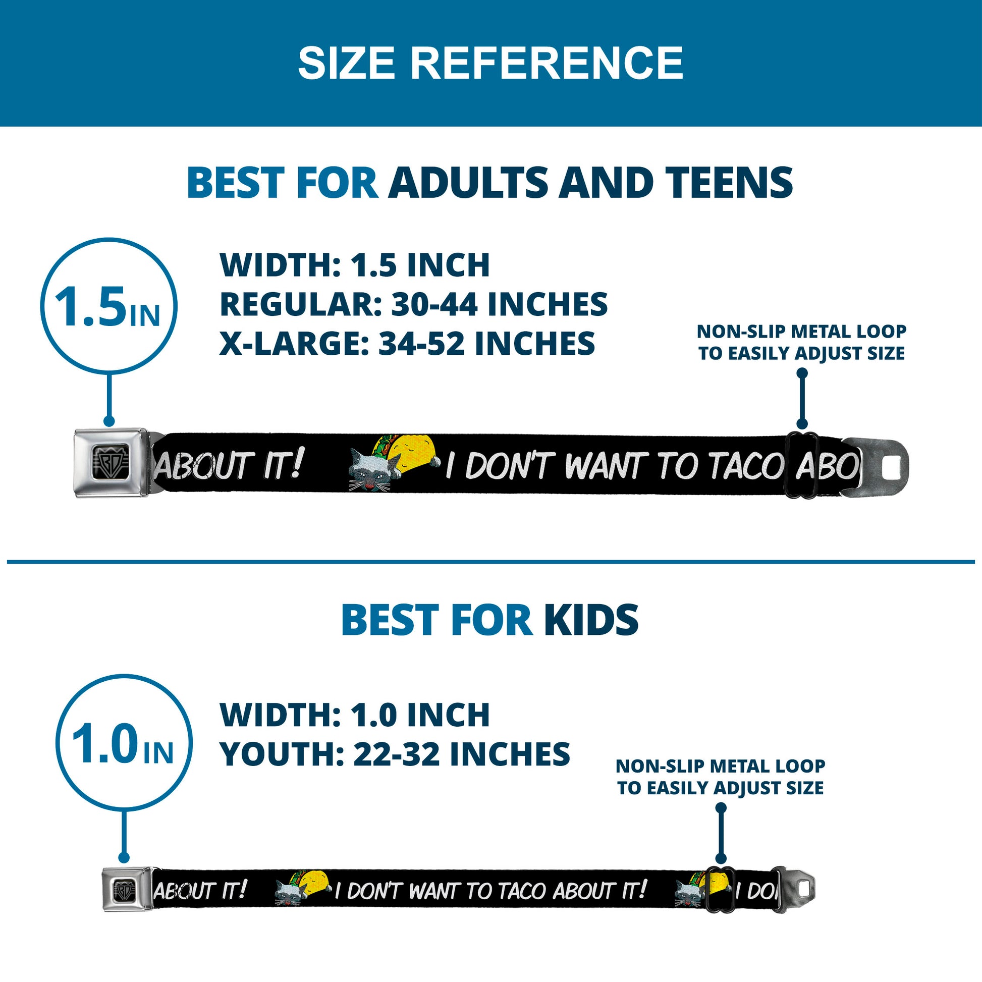 BD Wings Logo CLOSE-UP Full Color Black Silver Seatbelt Belt - Taco Cat I DON'T WANT TO TACO 'BOUT IT Webbing Seatbelt Belts Buckle-Down