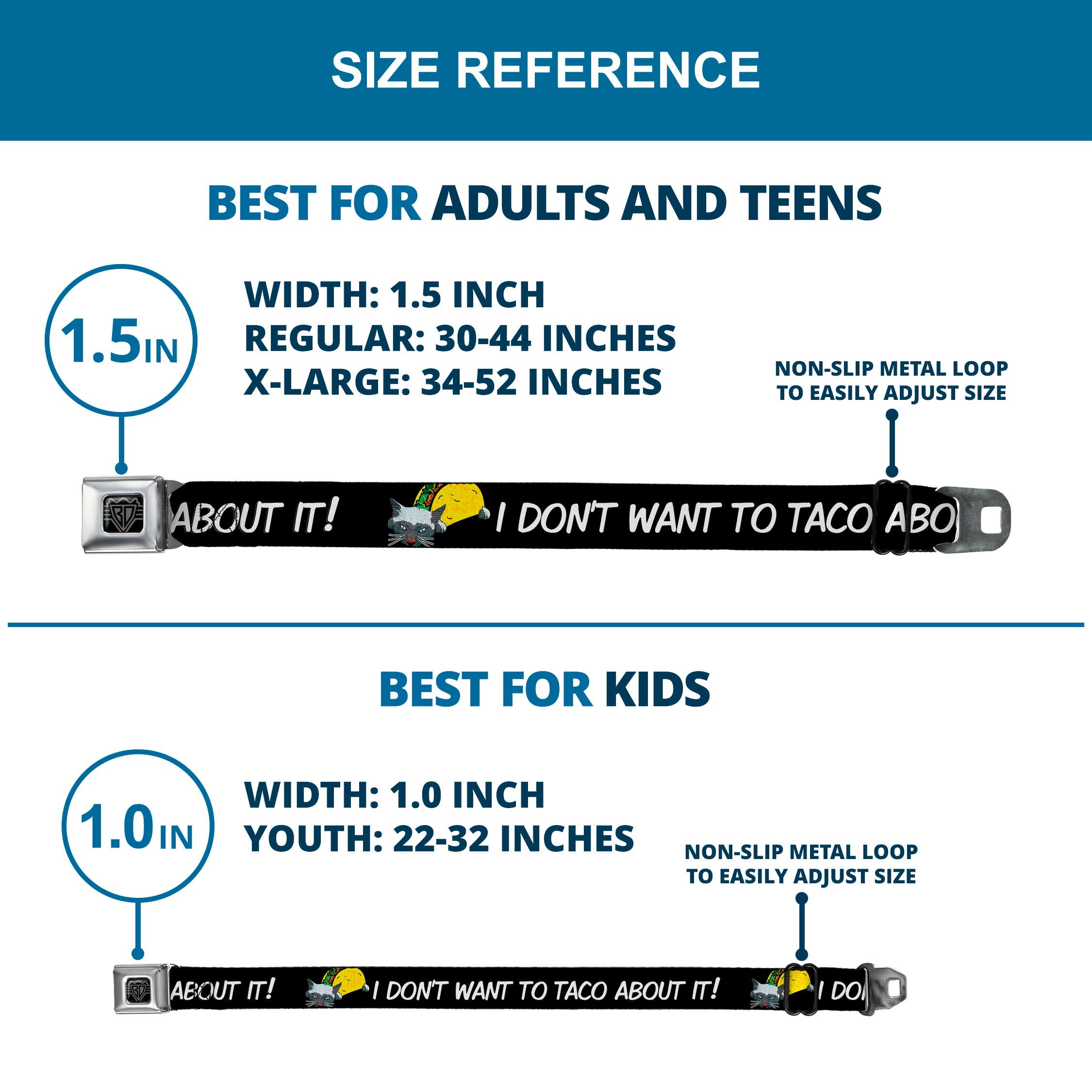 BD Wings Logo CLOSE-UP Full Color Black Silver Seatbelt Belt - Taco Cat I DON'T WANT TO TACO 'BOUT IT Webbing Seatbelt Belts Buckle-Down