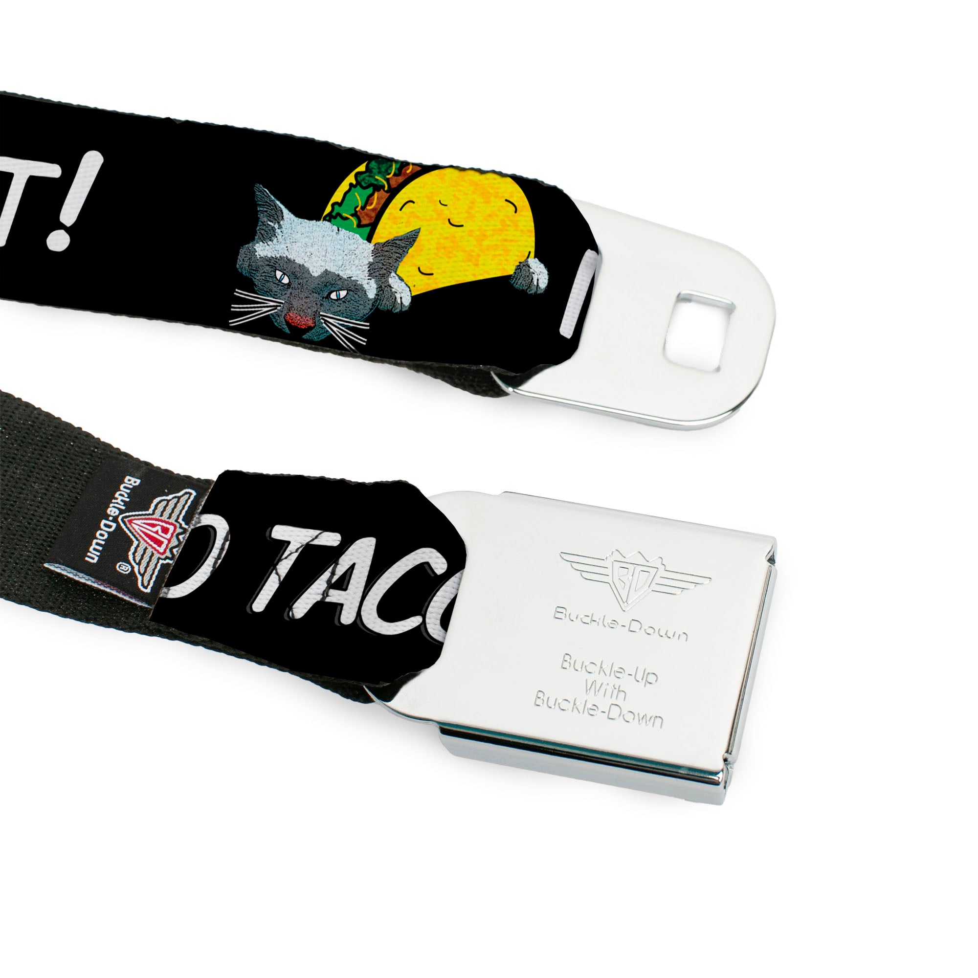BD Wings Logo CLOSE-UP Full Color Black Silver Seatbelt Belt - Taco Cat I DON'T WANT TO TACO 'BOUT IT Webbing Seatbelt Belts Buckle-Down