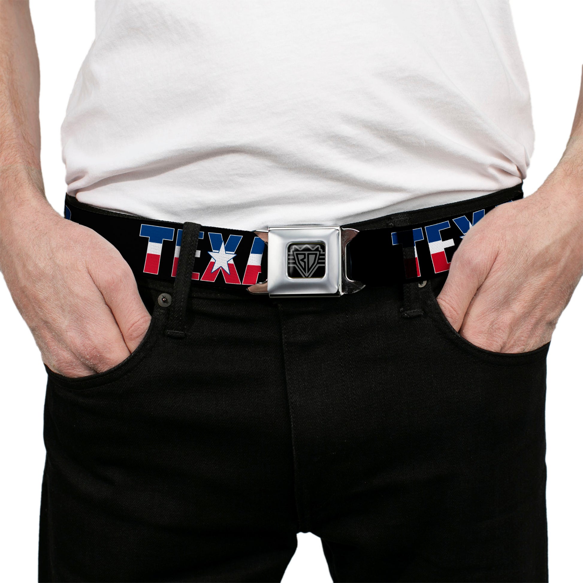 BD Wings Logo CLOSE-UP Full Color Black Silver Seatbelt Belt - TEXAS w/Star Black/White/Blue/Red Webbing Seatbelt Belts Buckle-Down