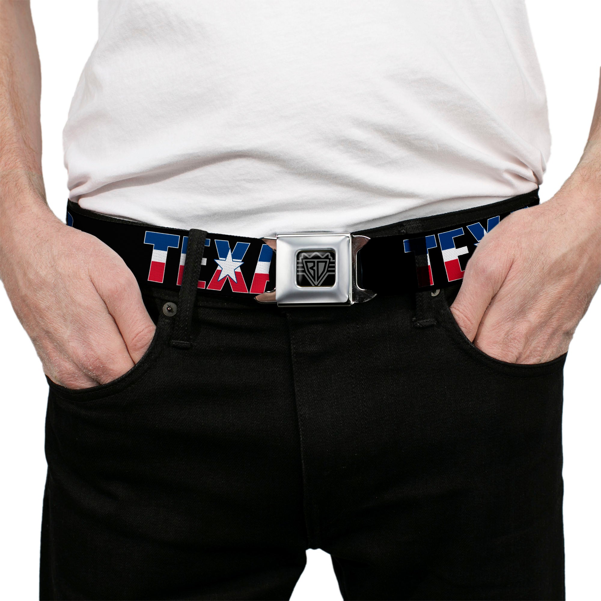 BD Wings Logo CLOSE-UP Full Color Black Silver Seatbelt Belt - TEXAS w/Star Black/White/Blue/Red Webbing Seatbelt Belts Buckle-Down
