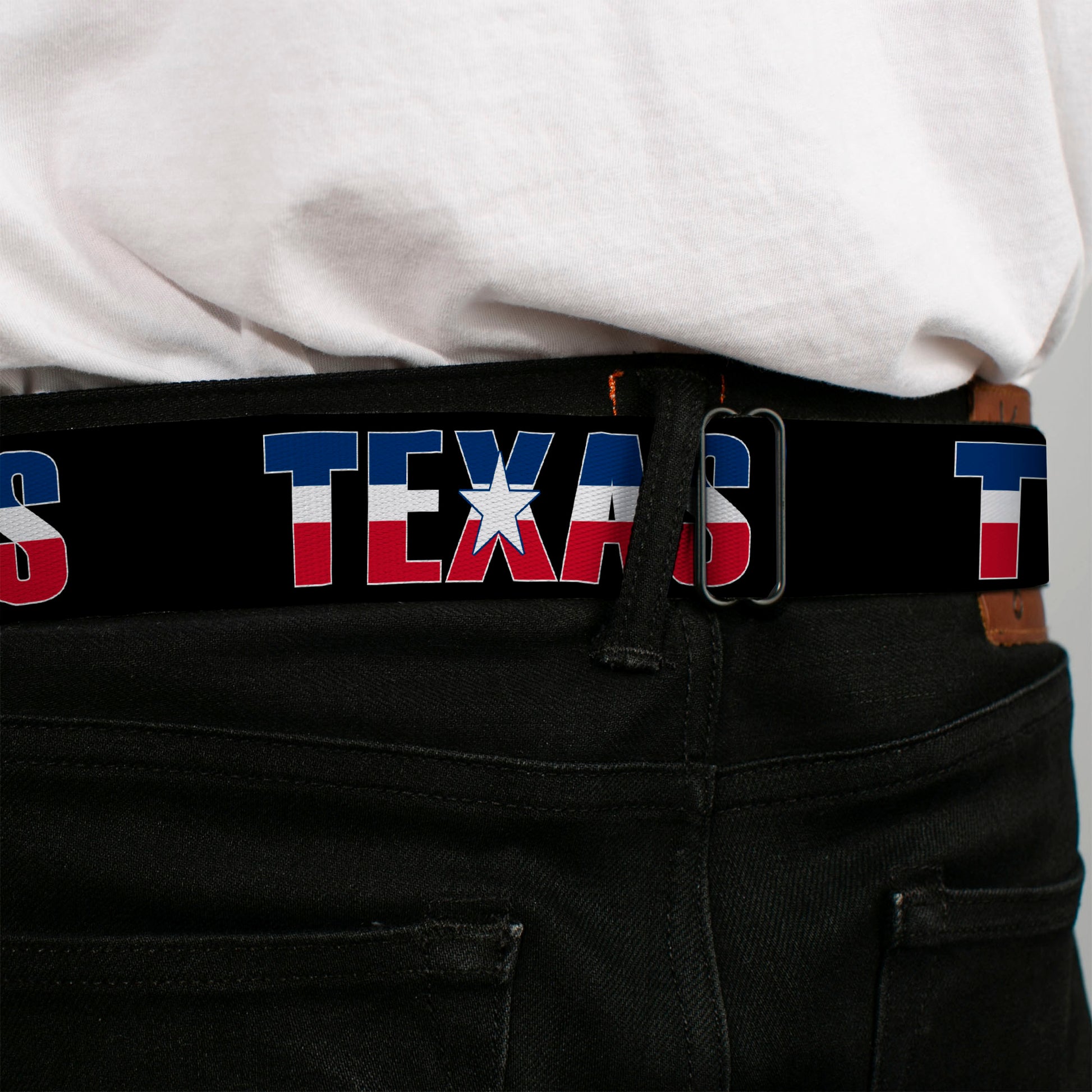 BD Wings Logo CLOSE-UP Full Color Black Silver Seatbelt Belt - TEXAS w/Star Black/White/Blue/Red Webbing Seatbelt Belts Buckle-Down
