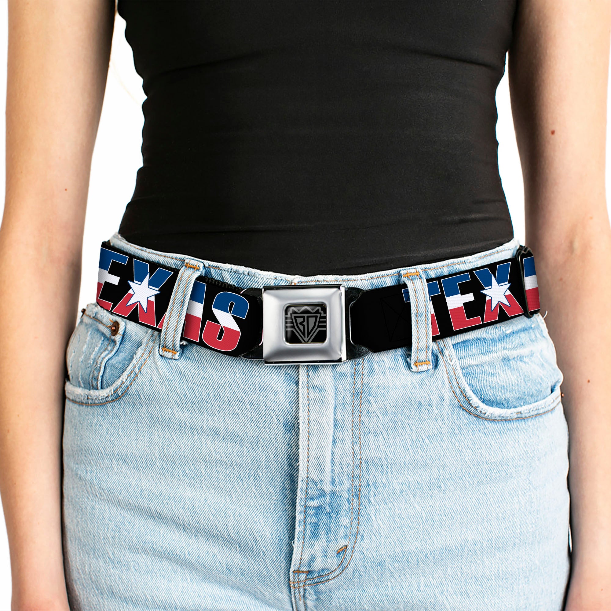 BD Wings Logo CLOSE-UP Full Color Black Silver Seatbelt Belt - TEXAS w/Star Black/White/Blue/Red Webbing Seatbelt Belts Buckle-Down