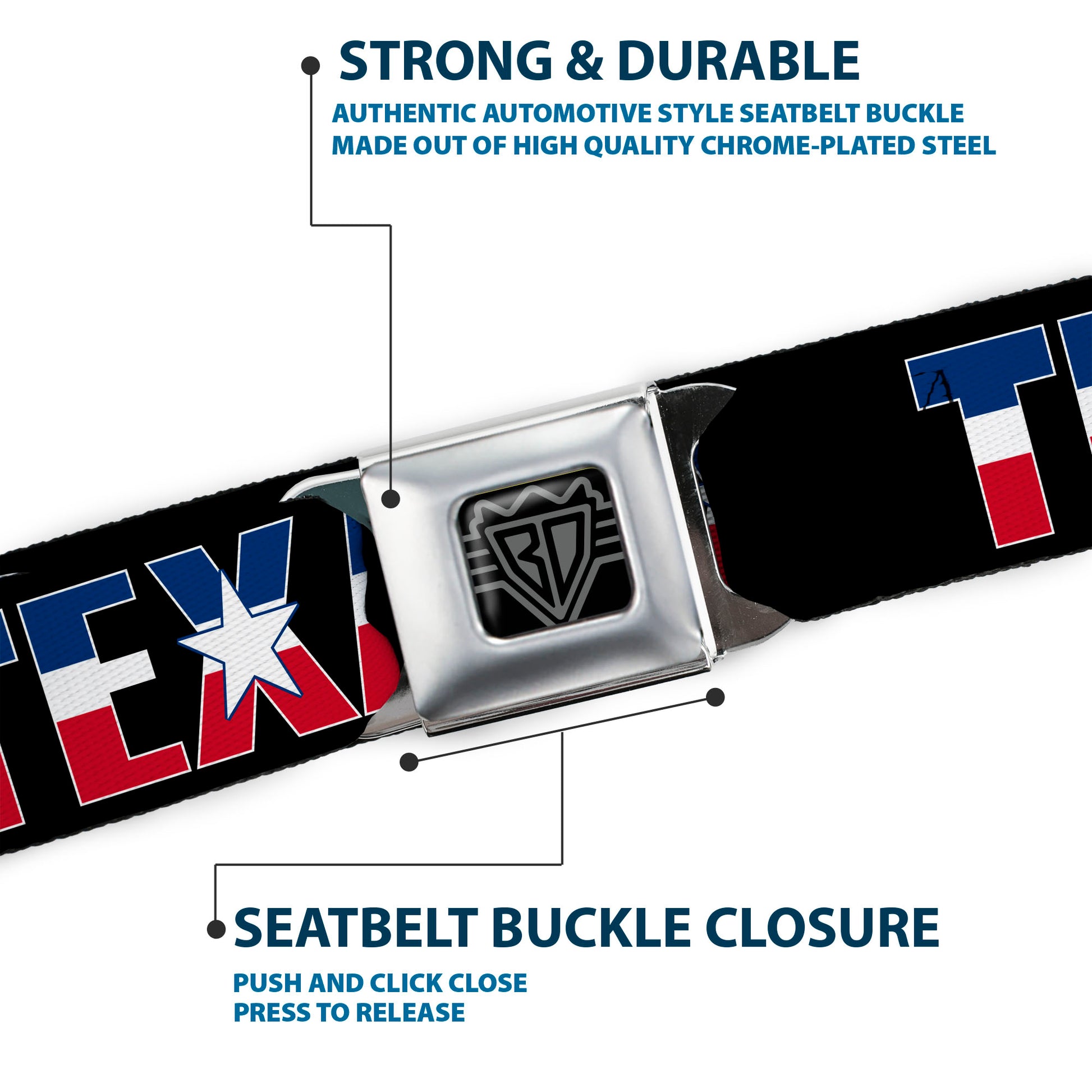 BD Wings Logo CLOSE-UP Full Color Black Silver Seatbelt Belt - TEXAS w/Star Black/White/Blue/Red Webbing Seatbelt Belts Buckle-Down