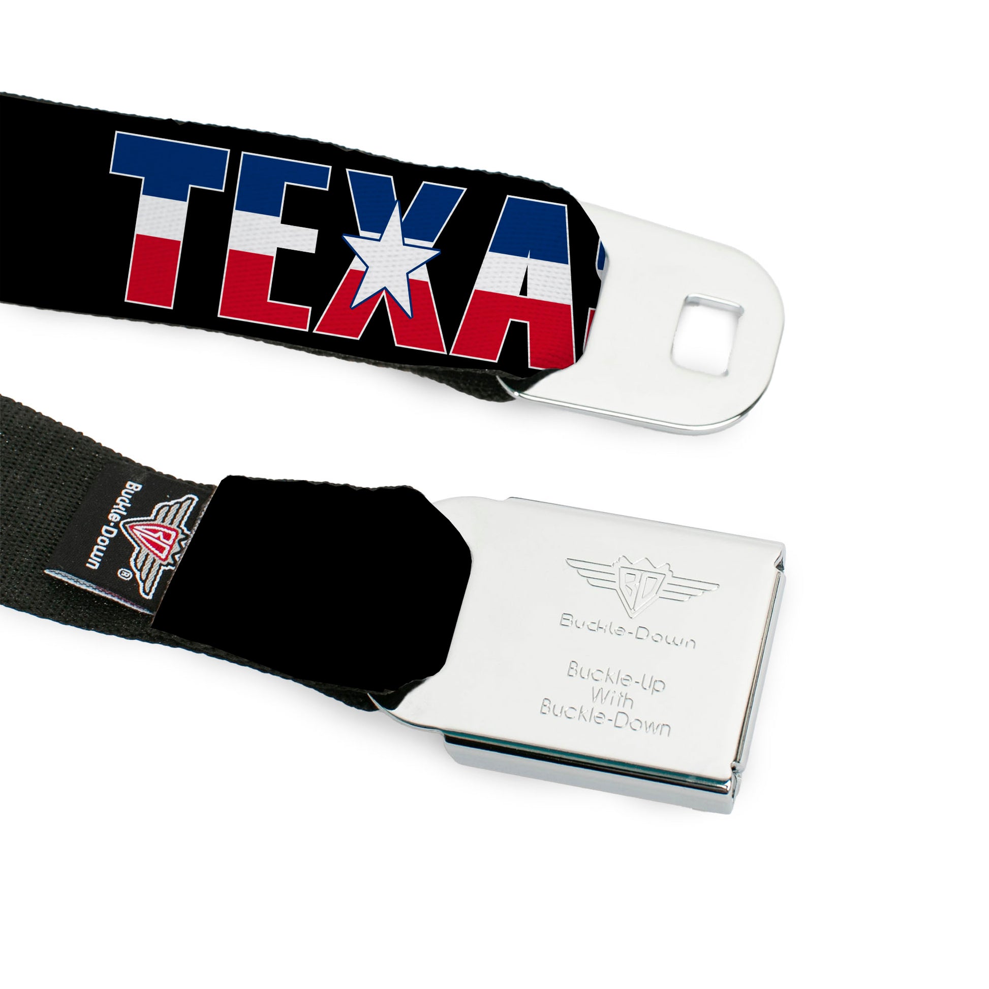 BD Wings Logo CLOSE-UP Full Color Black Silver Seatbelt Belt - TEXAS w/Star Black/White/Blue/Red Webbing Seatbelt Belts Buckle-Down