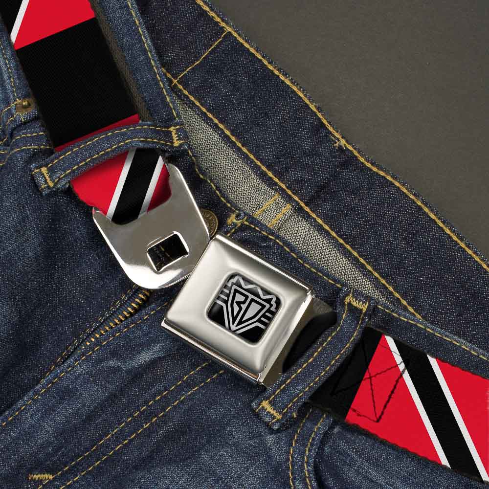 BD Wings Logo CLOSE-UP Full Color Black Silver Seatbelt Belt - Trinidad & Tobago Flags/Black Block Webbing Seatbelt Belts Buckle-Down
