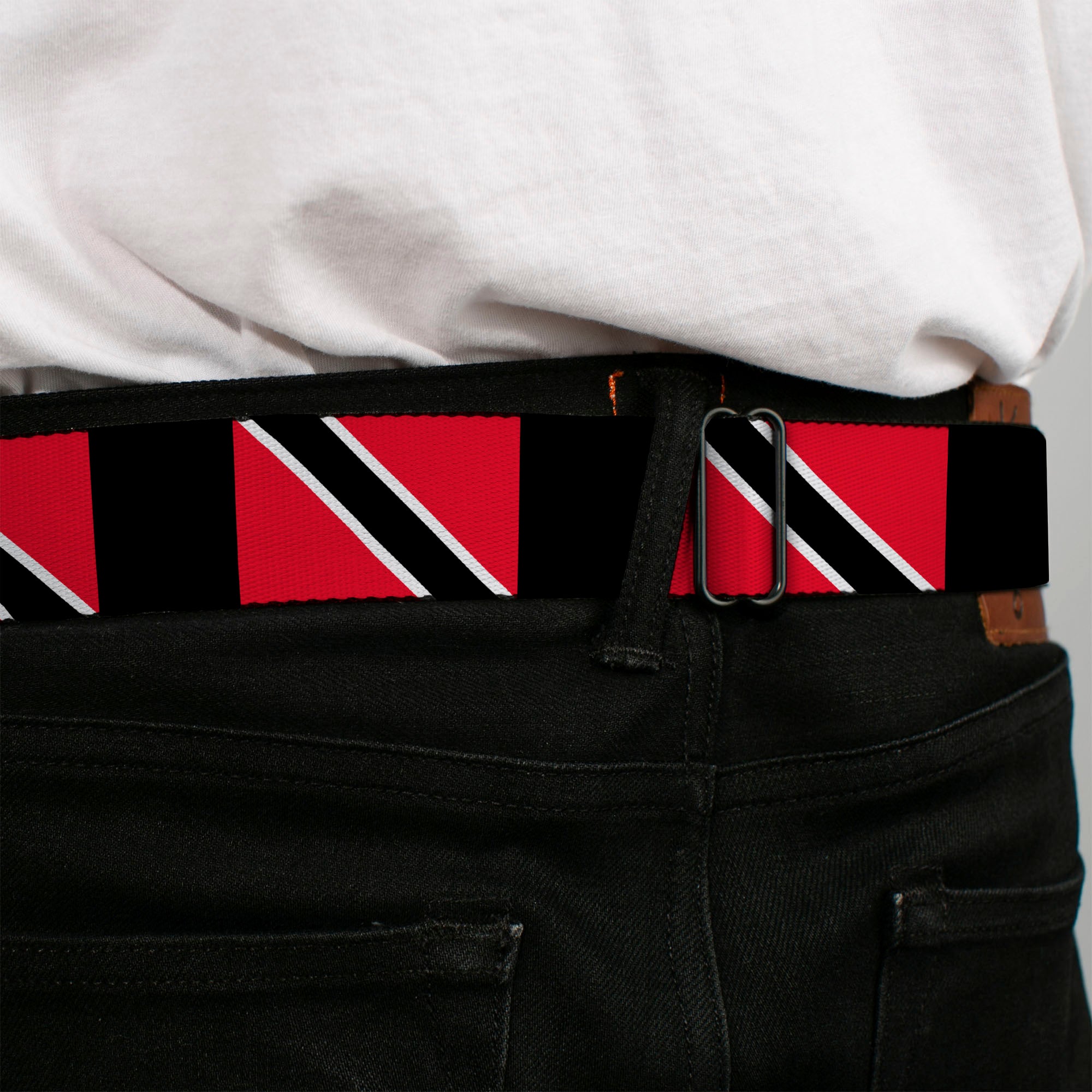 BD Wings Logo CLOSE-UP Full Color Black Silver Seatbelt Belt - Trinidad & Tobago Flags/Black Block Webbing Seatbelt Belts Buckle-Down