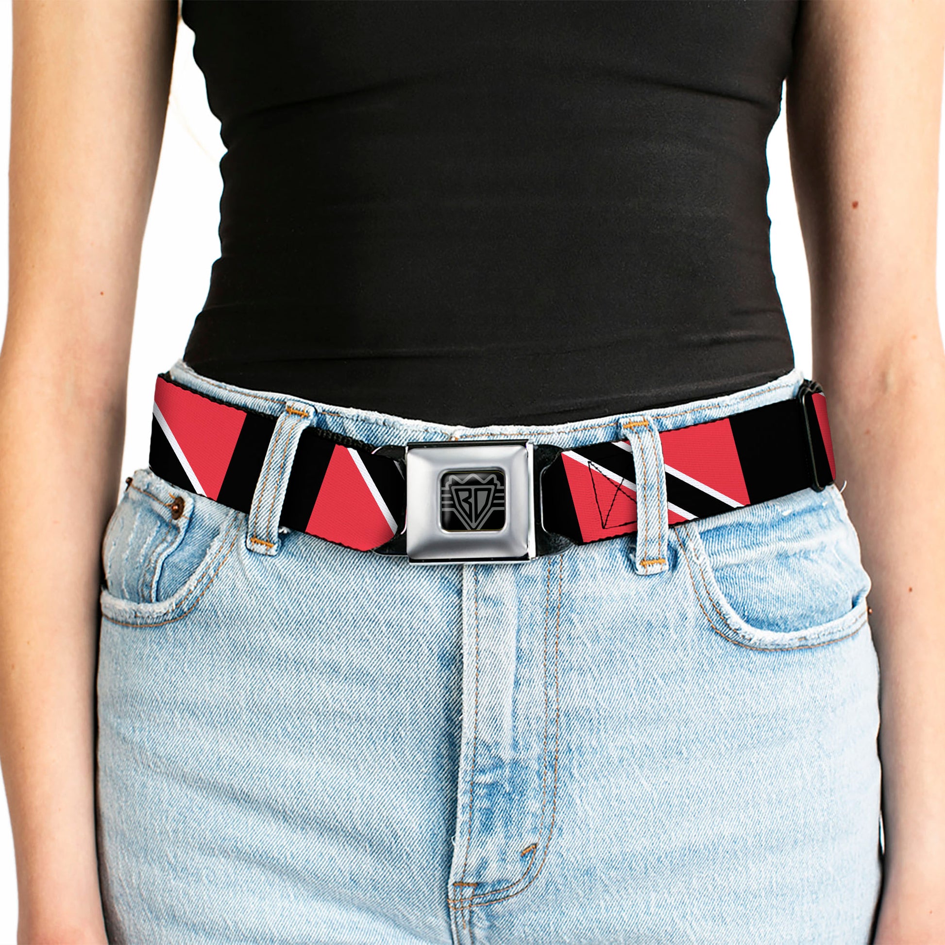 BD Wings Logo CLOSE-UP Full Color Black Silver Seatbelt Belt - Trinidad & Tobago Flags/Black Block Webbing Seatbelt Belts Buckle-Down