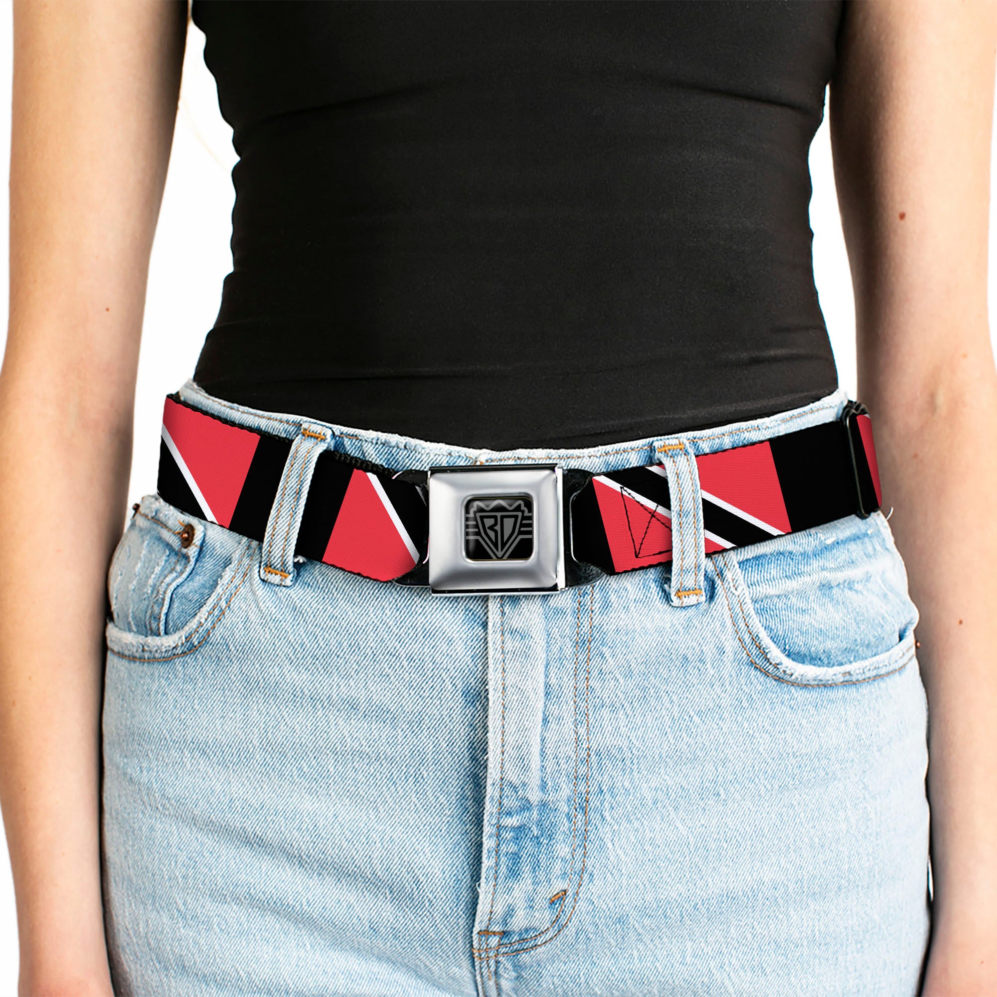 BD Wings Logo CLOSE-UP Full Color Black Silver Seatbelt Belt - Trinidad & Tobago Flags/Black Block Webbing Seatbelt Belts Buckle-Down