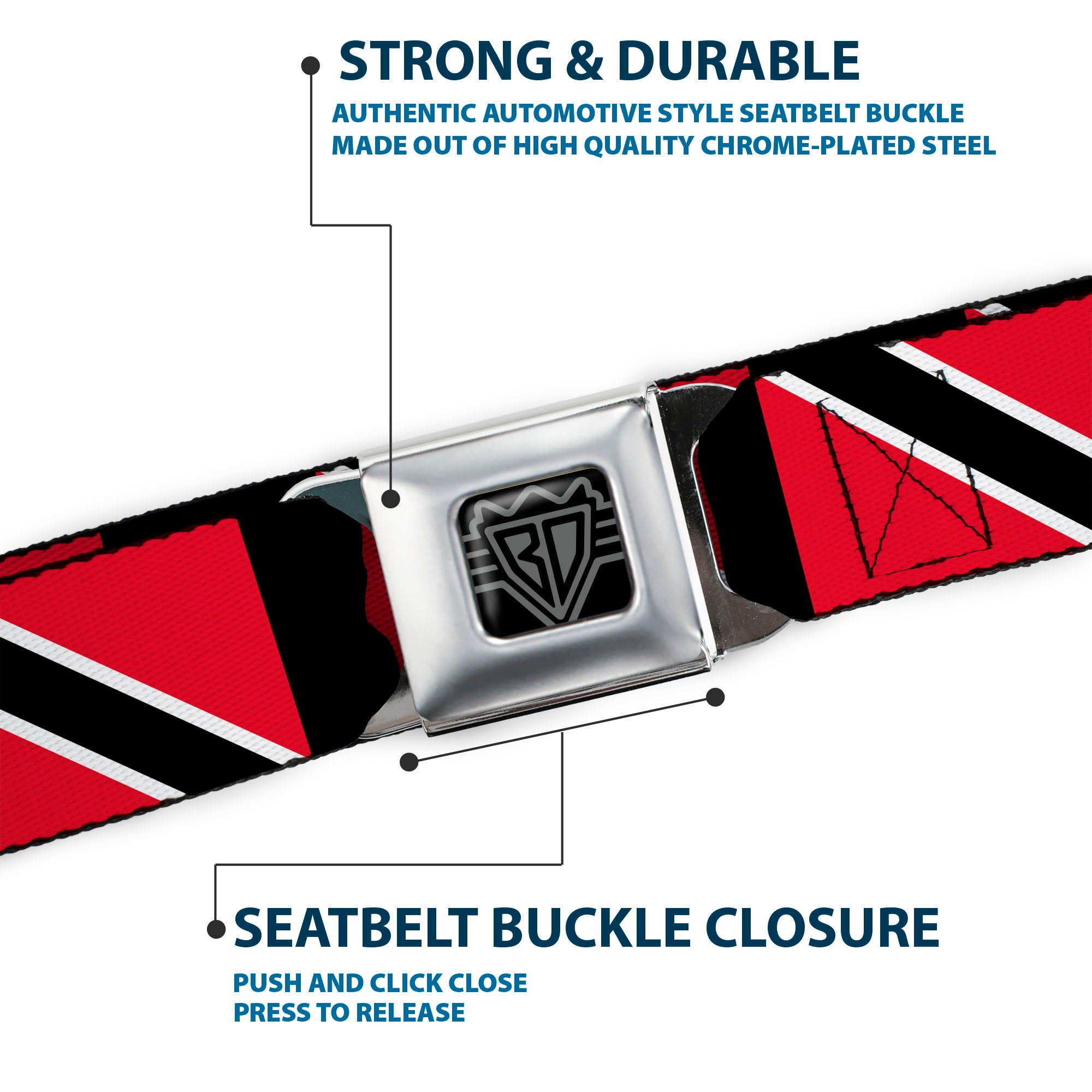 BD Wings Logo CLOSE-UP Full Color Black Silver Seatbelt Belt - Trinidad & Tobago Flags/Black Block Webbing Seatbelt Belts Buckle-Down